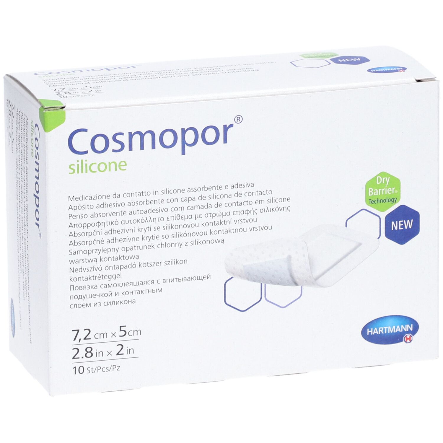 Verpackung von Cosmopor silicone. Größe 7,2 x 5 cm. 10 Stück pro Packung. Marke HARTMANN.