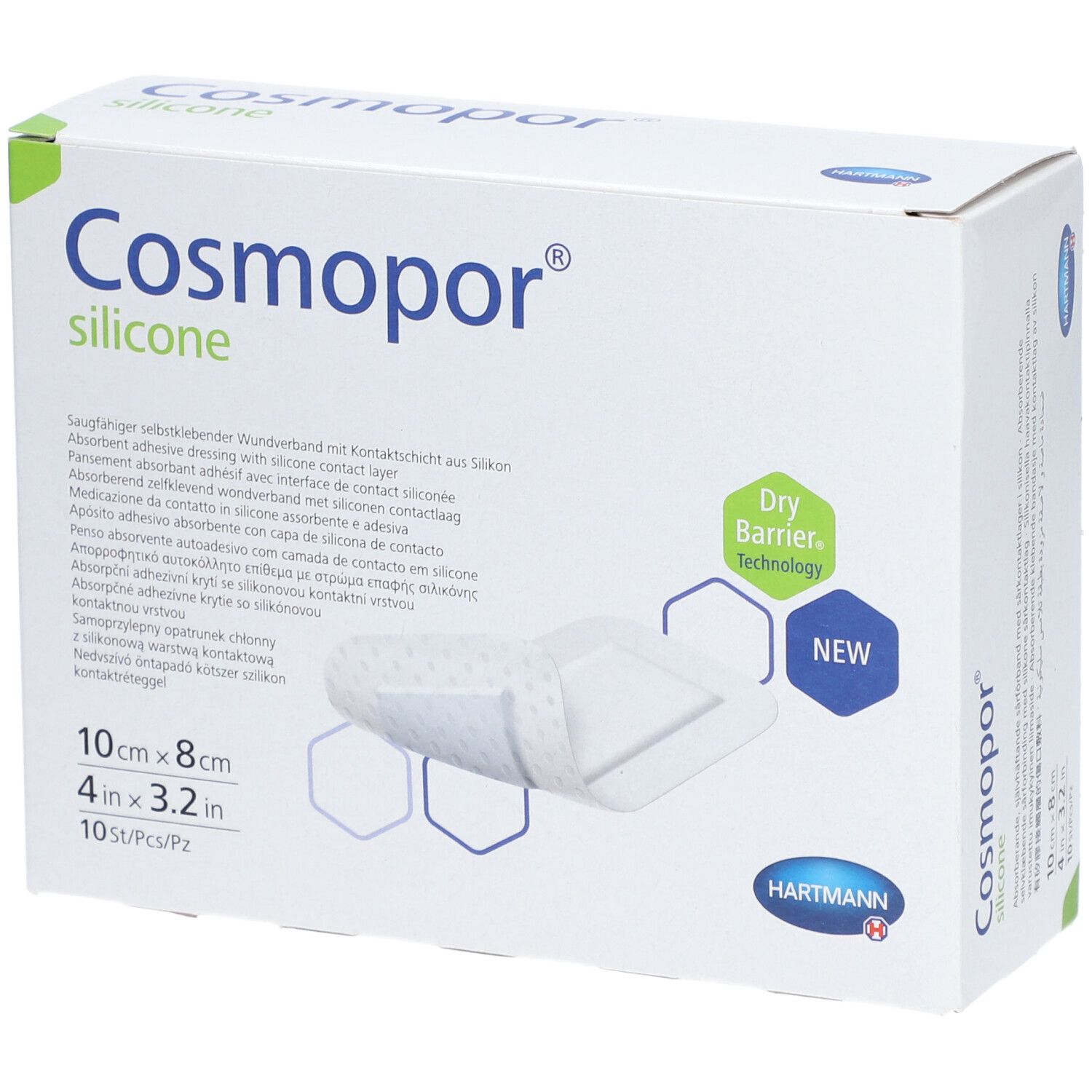 Boîte de pansements Cosmopor® silicone. Nom du produit, dimensions 10x8cm, 10 pièces. Visible: Dry Barrier Technology, logo HARTMANN.