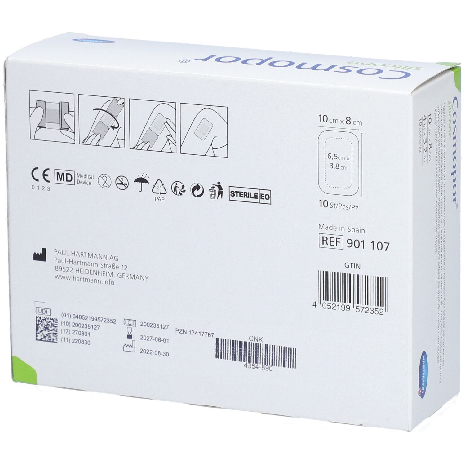 Dos de l'emballage des pansements Cosmopor® silicone. Informations fabricant, numéro de lot, date de péremption, marquage CE, stérile.