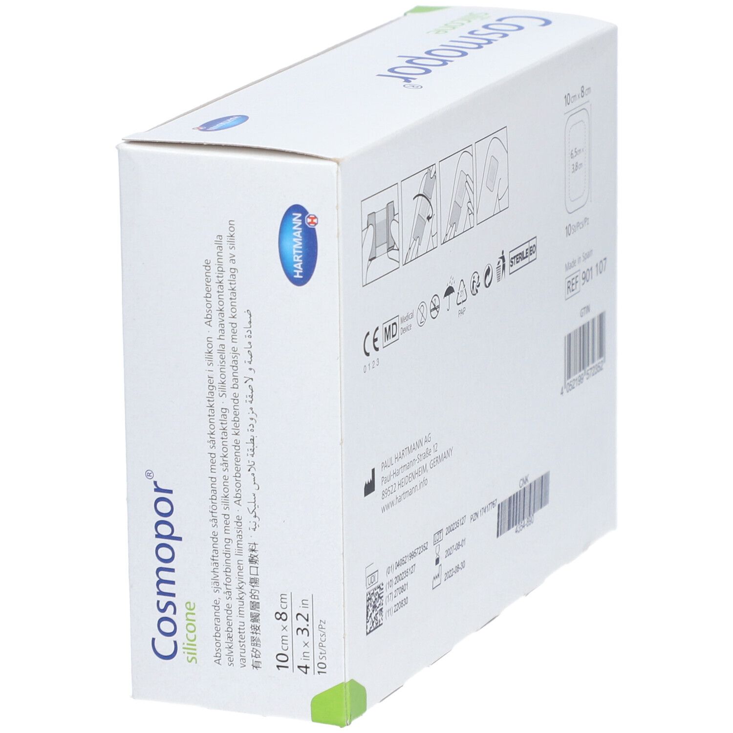 Emballage de pansements Cosmopor® silicone. Boîte avec nom du produit, dimensions 10x8cm, 10 pièces. Logo HARTMANN. Vue en perspective.