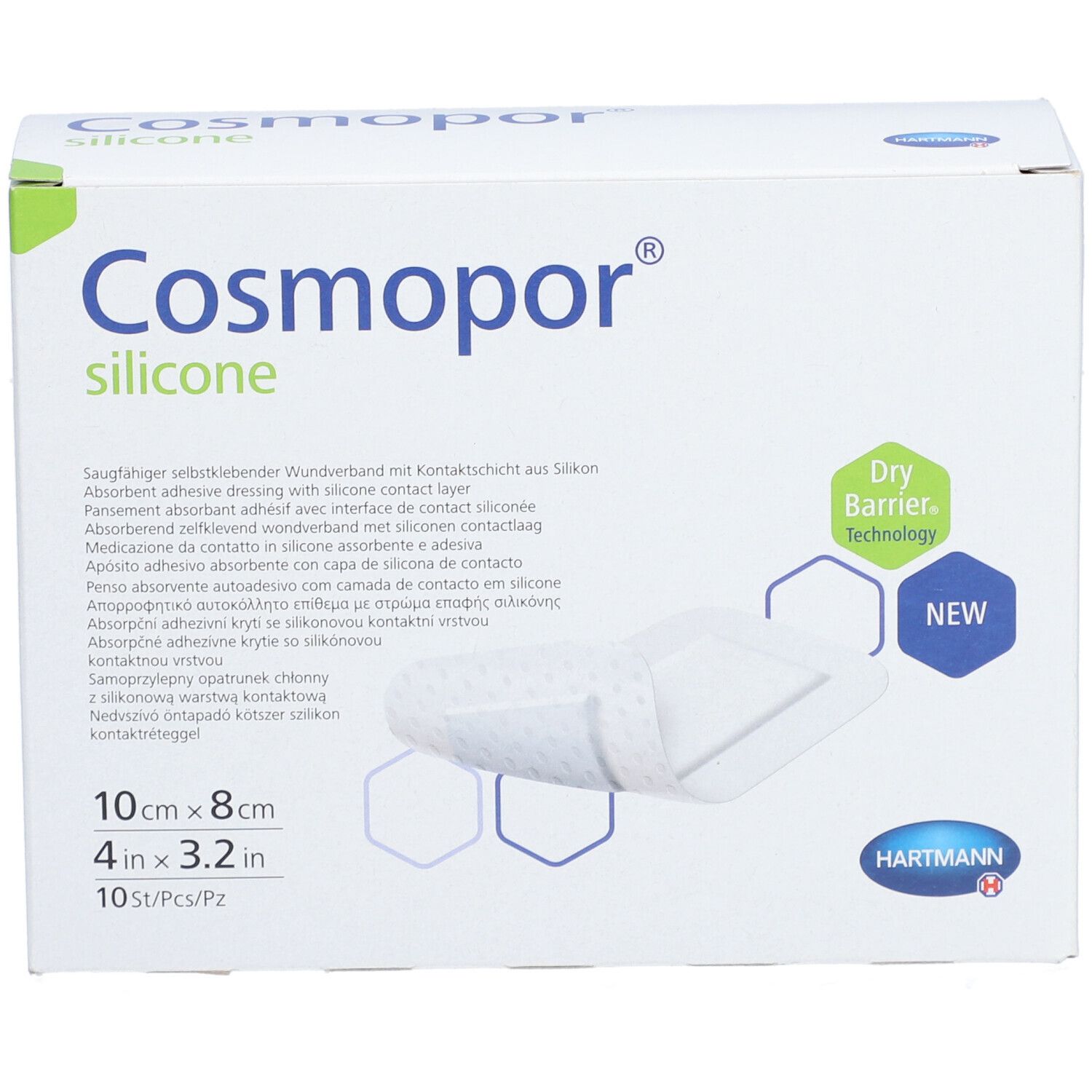 Boîte de pansements Cosmopor® silicone. Nom du produit, dimensions 10x8cm, 10 pièces. Visible: Dry Barrier Technology, logo HARTMANN.