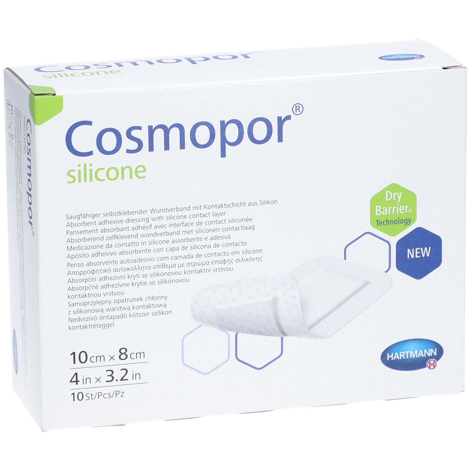 Boîte de pansements Cosmopor® silicone. Nom du produit, dimensions 10x8cm, 10 pièces. Visible: Dry Barrier Technology, logo HARTMANN.