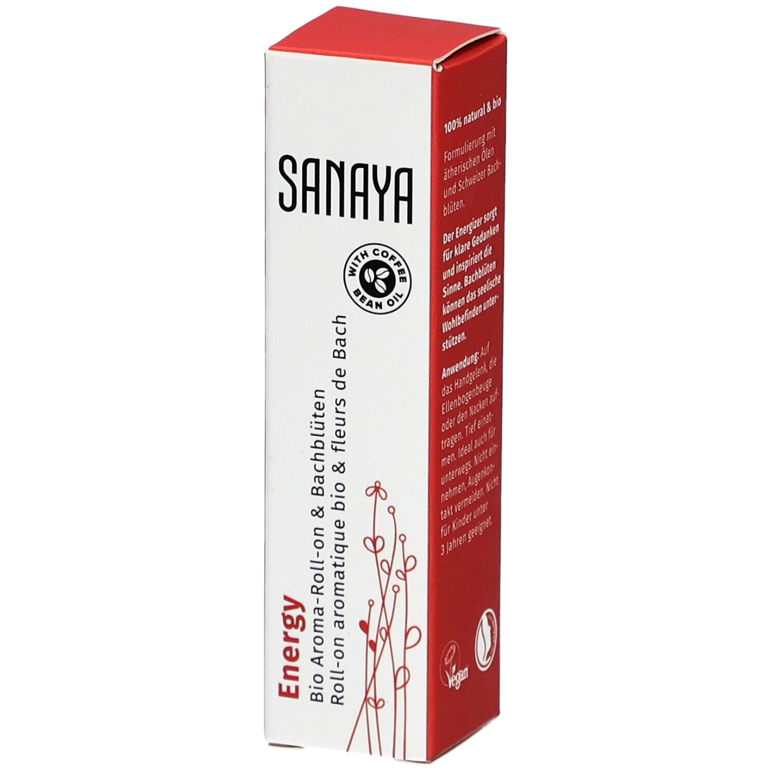 Karton mit Produktnamen SANAYA, Aufschrift 'Energy' und Logo. Rote und weiße Verpackung mit floralem Design.