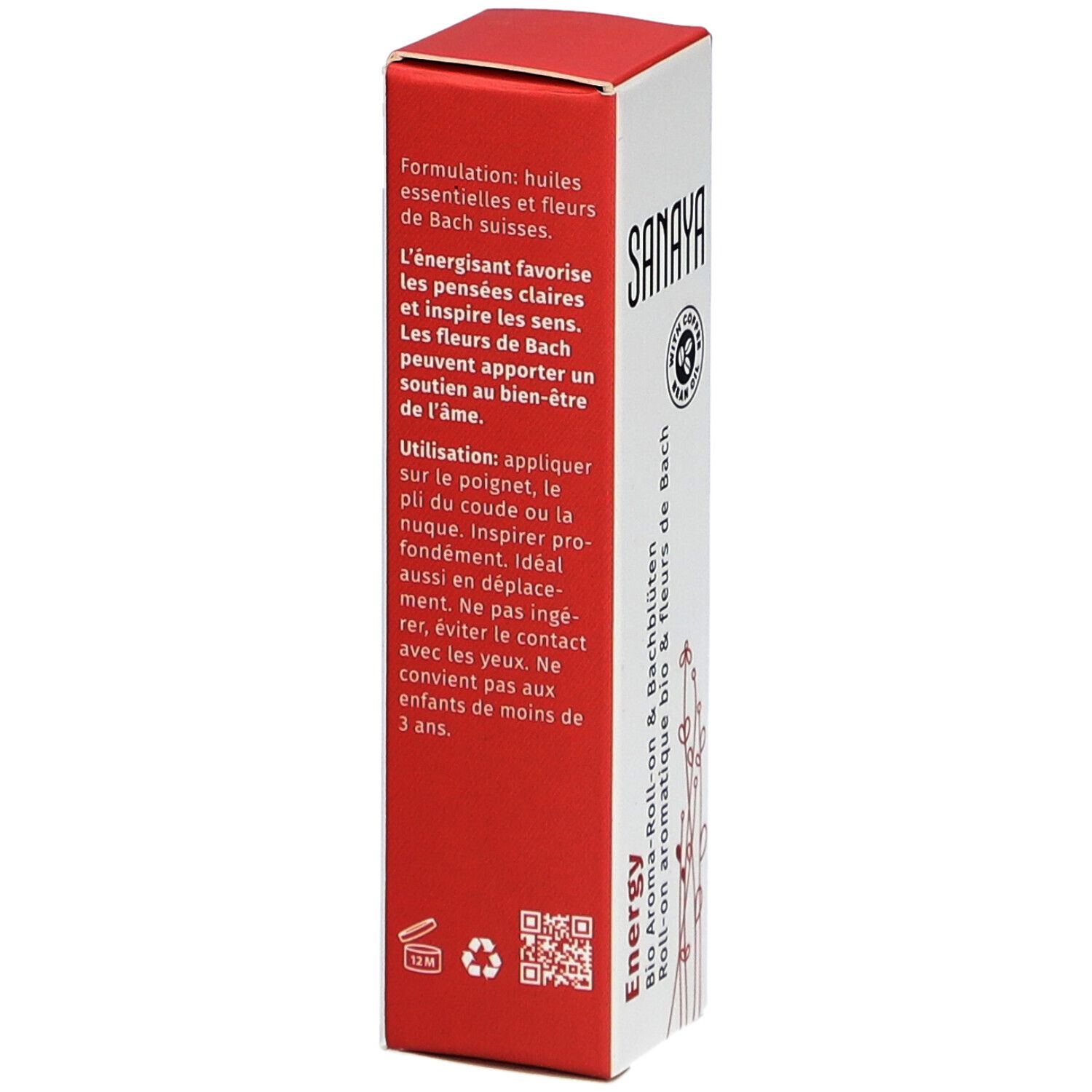 Rückseite der SANAYA 'Energy' Verpackung. Text in Französisch. QR-Code und Symbole für 12M und Vegan-Zertifizierung.