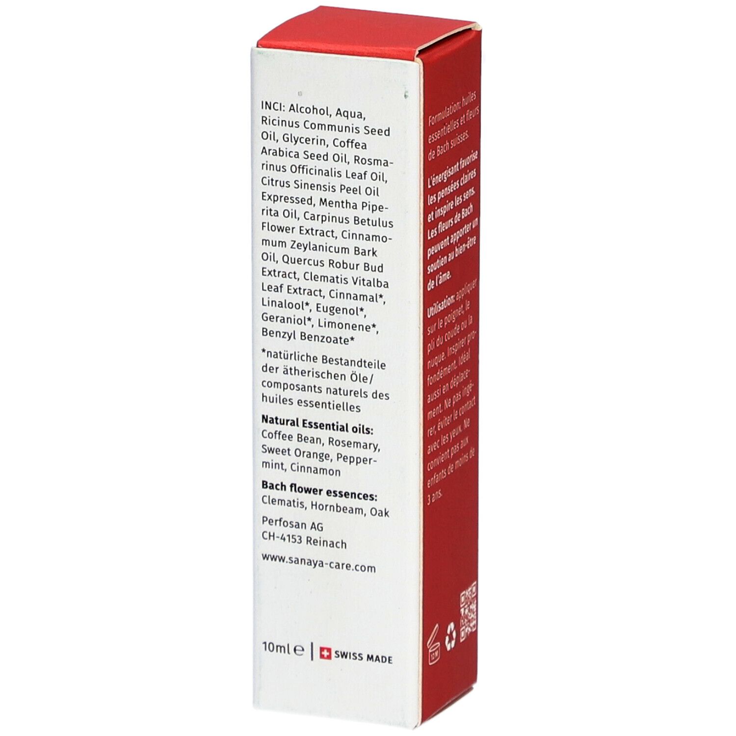 SANAYA 'Energy' Verpackung mit Inhaltsstoffen und Herstellerinformationen. 10ml, Swiss Made. Auflistung ätherischer Öle.