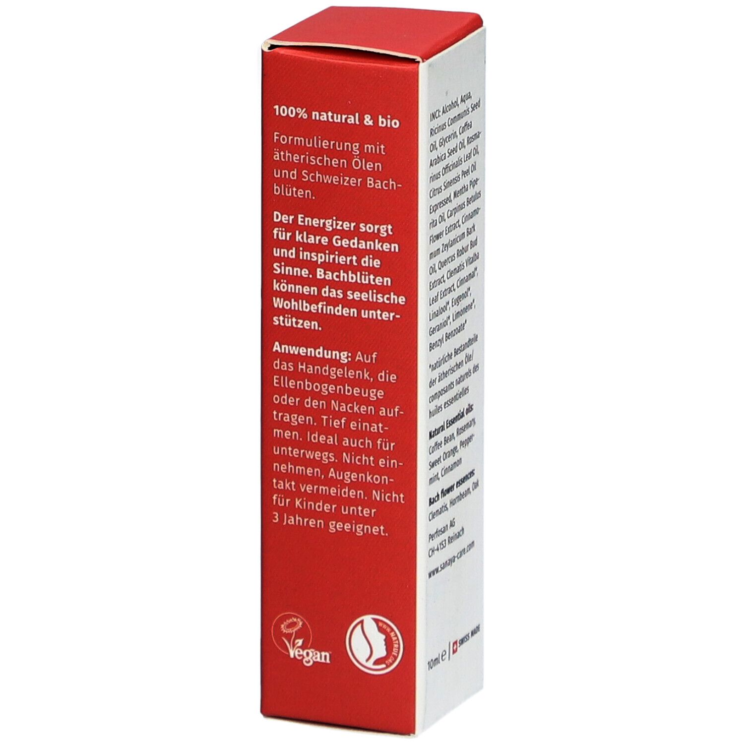 SANAYA 'Energy' Verpackung mit Text. Aufschrift '100% natural & bio'. Vegan-Logo. Text in Deutsch.