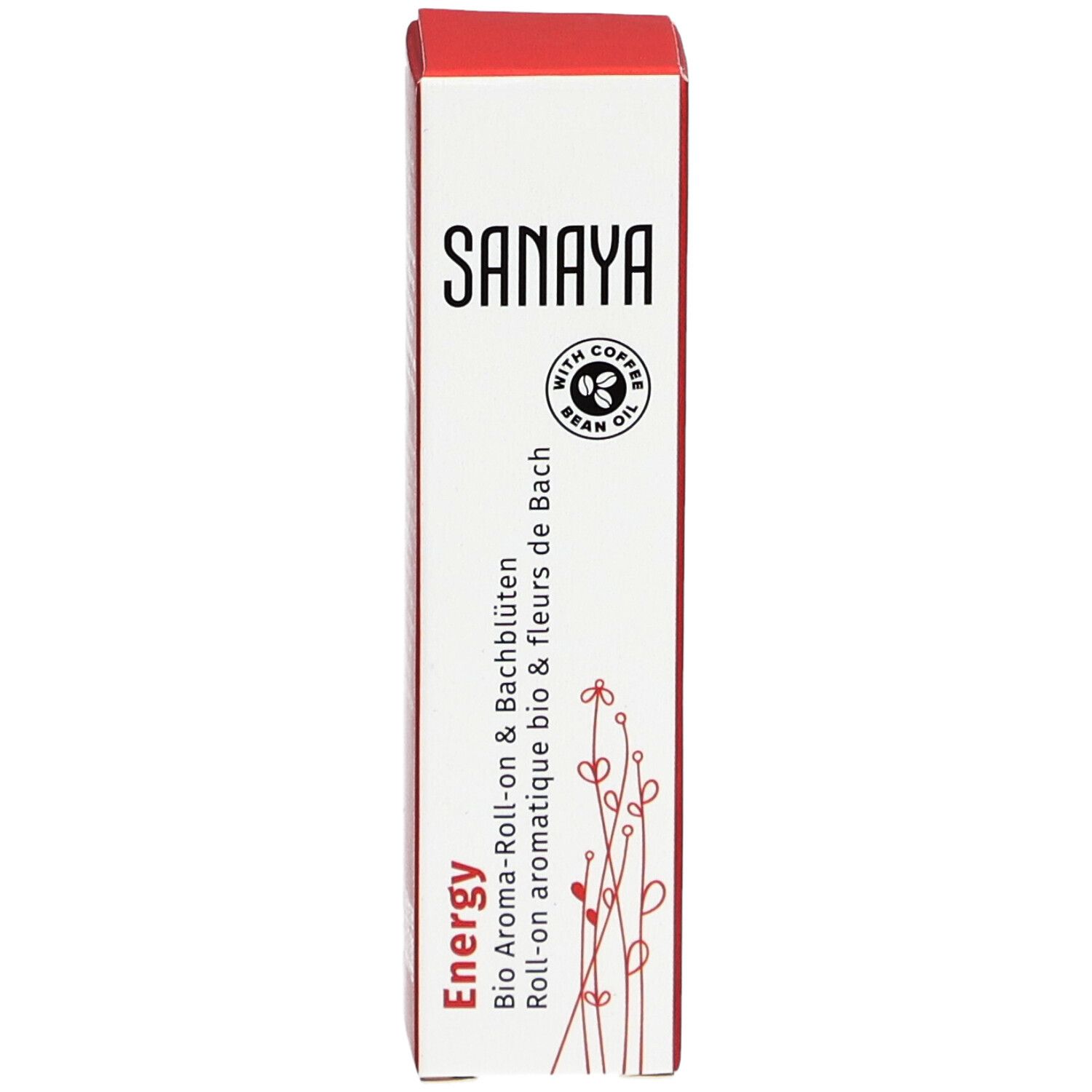 SANAYA 'Energy' Verpackung. Produktname und Logo. Rote und weiße Verpackung. Aufschrift 'Bio Aroma-Roll-on & Fleurs de Bach'.