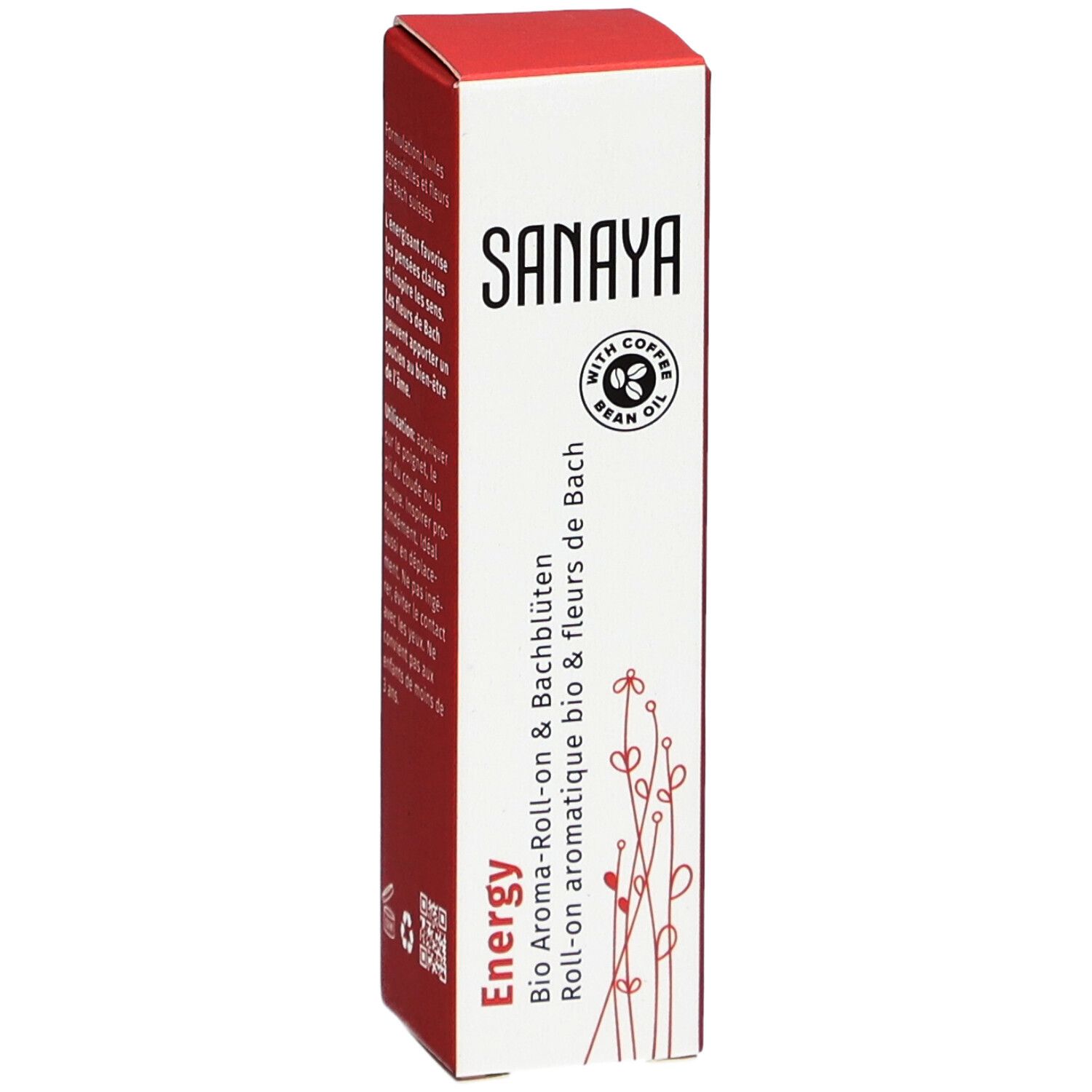 SANAYA 'Energy' Verpackung. Produktname und Logo. Rote und weiße Verpackung. Aufschrift 'Bio Aroma-Roll-on & Fleurs de Bach'.