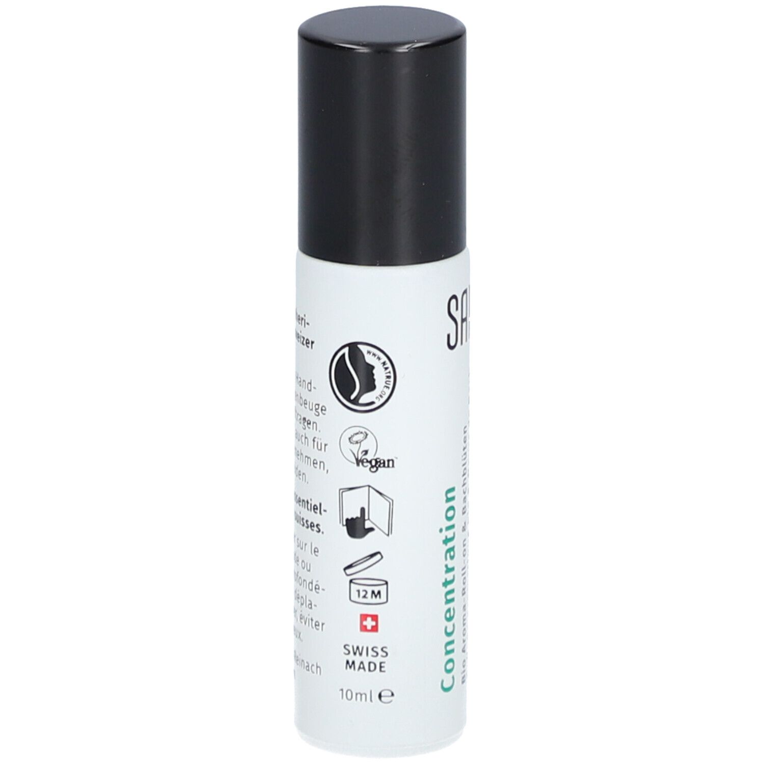 Roll-on-Flasche mit schwarzem Deckel. Aufschrift SANAYA. Vegan-Logo, 12M-Symbol, Swiss Made.
