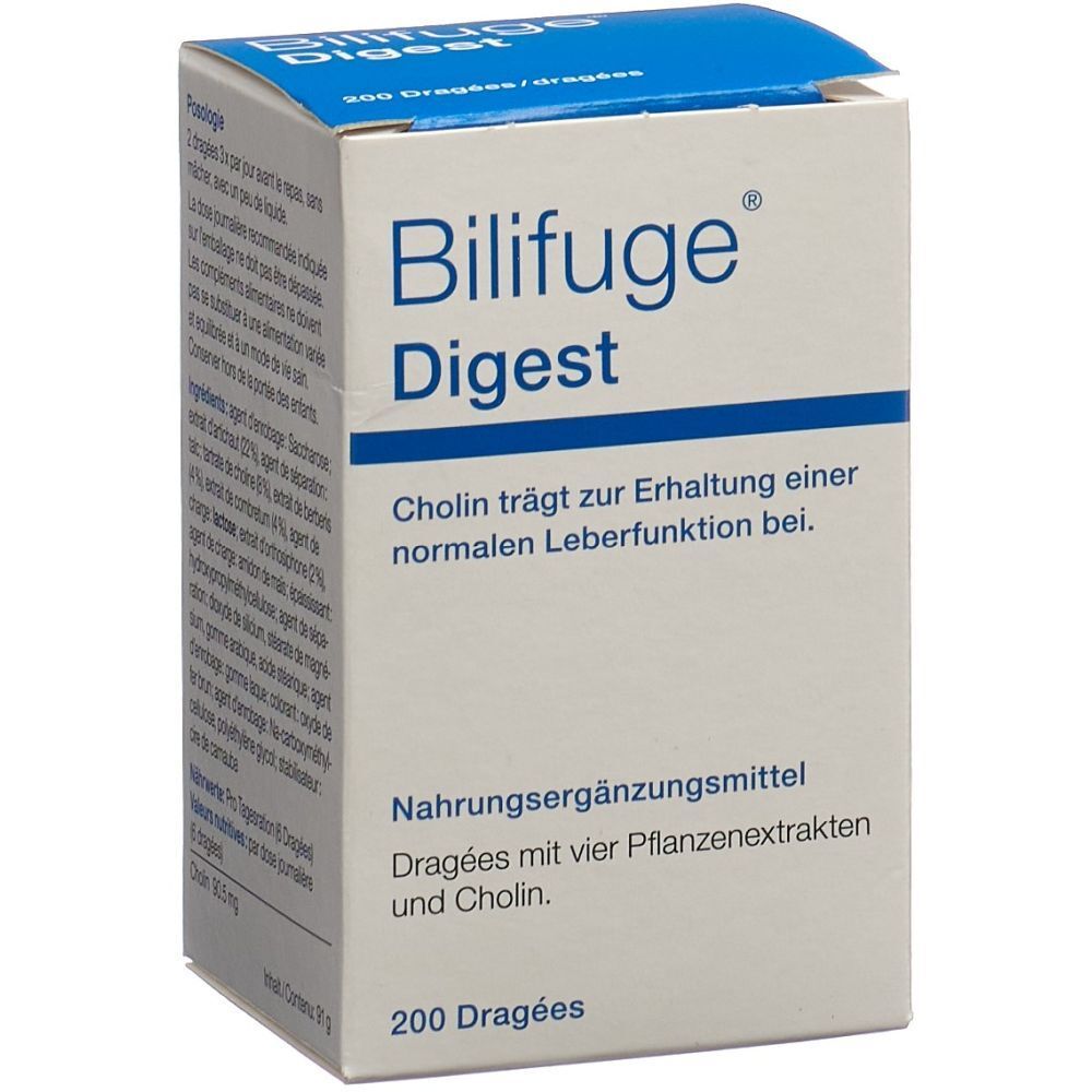 Weiße Schachtel mit blauem Deckel. Aufschrift: Bilifuge Digest. Enthält 200 Dragees. Nahrungsergänzungsmittel.