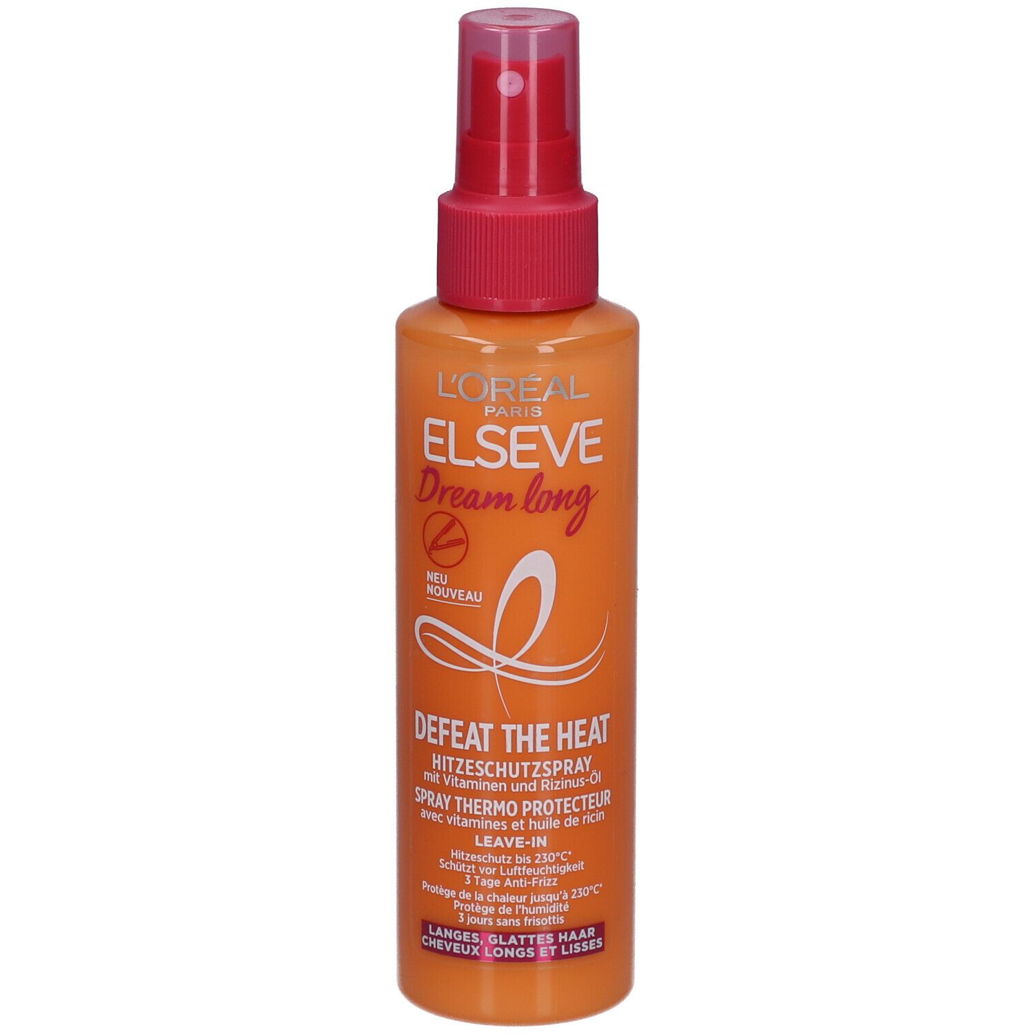 Orangefarbene Sprühflasche mit rosa Sprühkopf. Text: L'Oréal Paris Elseve Dream long, Hitzeschutzspray. Neu.