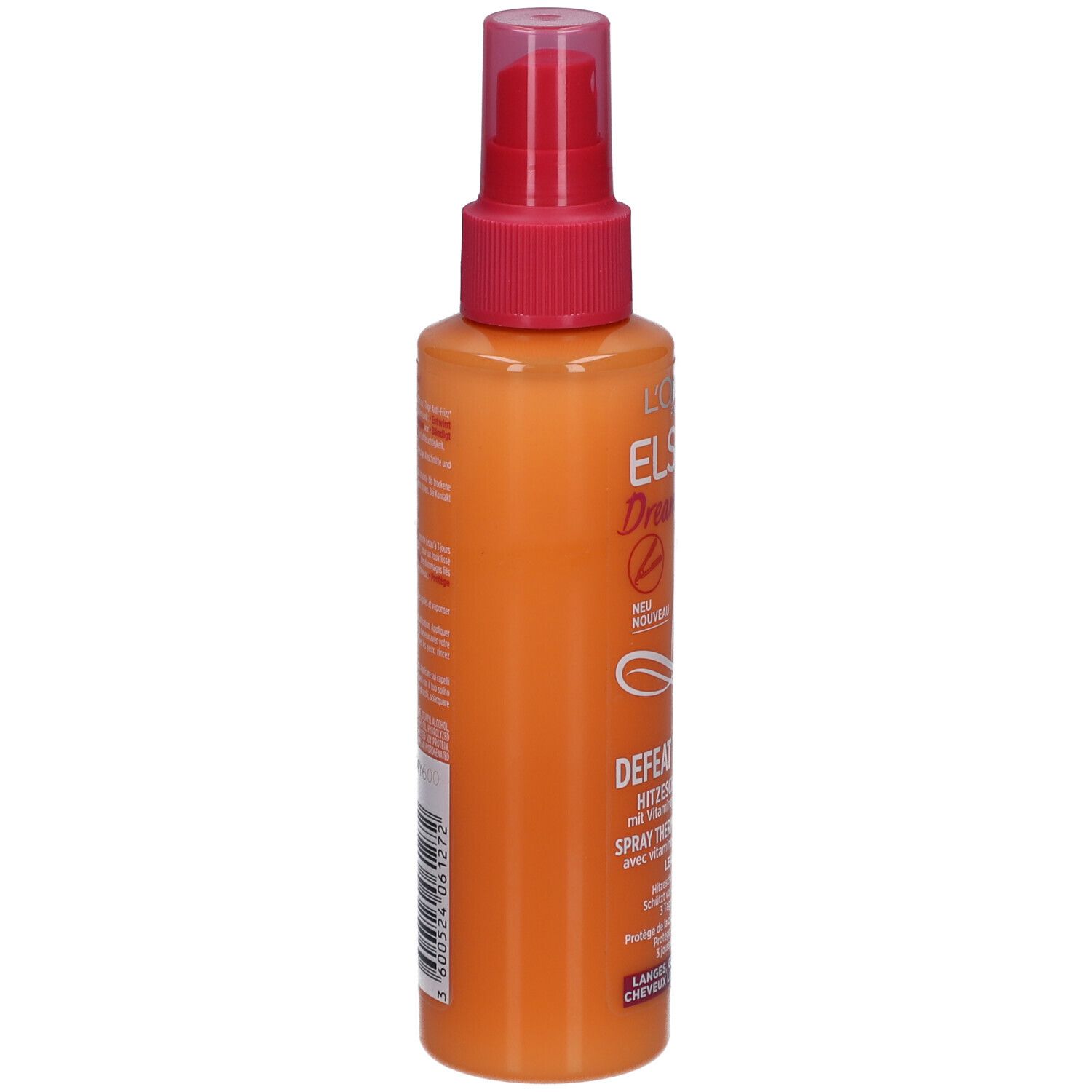 Orangefarbene Sprühflasche mit rosa Sprühkopf. Rückseite mit Text. Produktname: L'Oréal Paris Elseve Dream long.