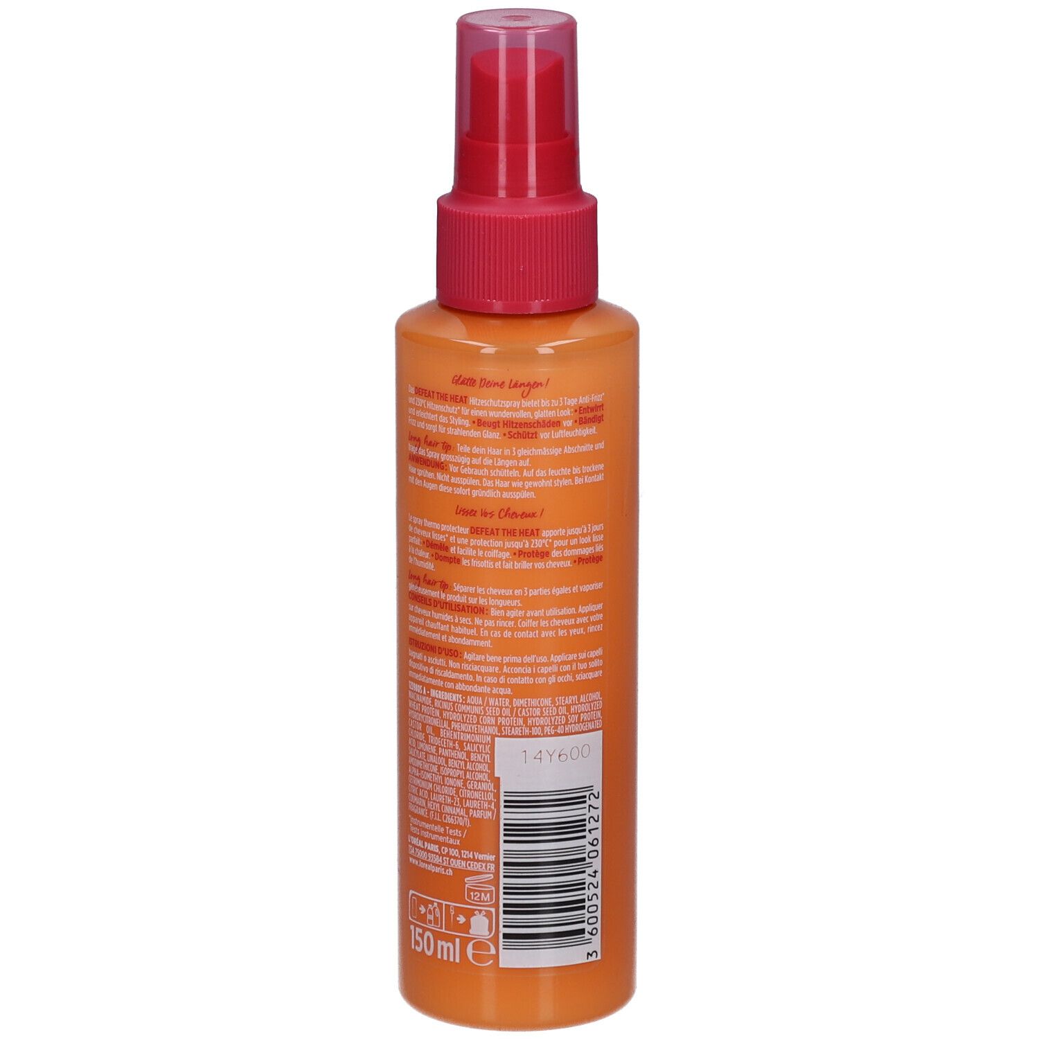 Orangefarbene Sprühflasche mit rosa Sprühkopf. Rückseite mit Text. Produktname: L'Oréal Paris Elseve Dream long.