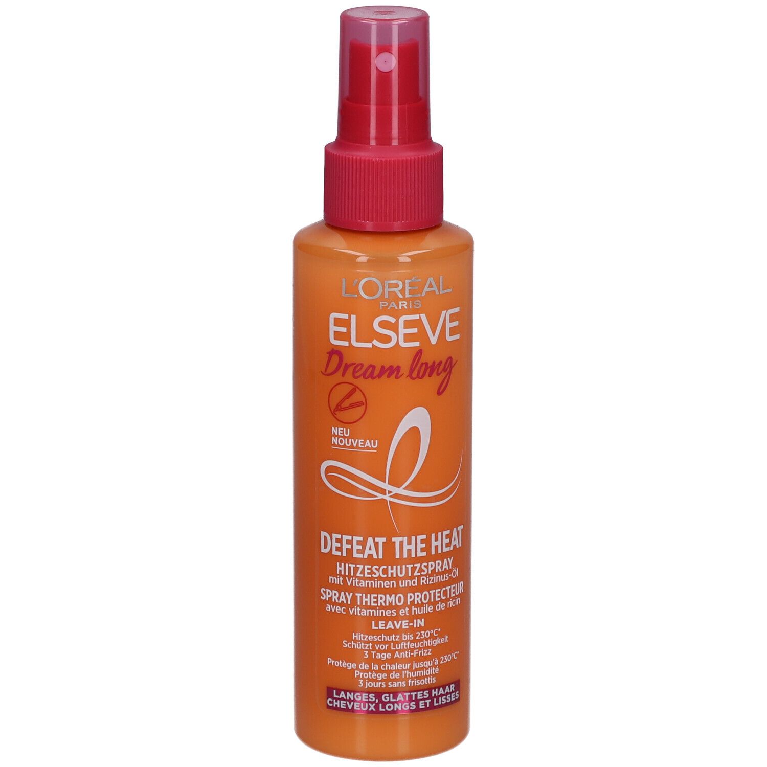 Orangefarbene Sprühflasche mit rosa Sprühkopf. Text: L'Oréal Paris Elseve Dream long, Hitzeschutzspray. Neu.