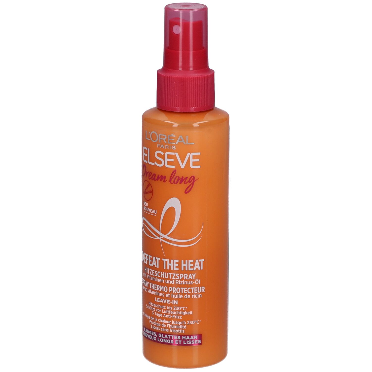 Orangefarbene Sprühflasche mit rosa Sprühkopf. Text: L'Oréal Paris Elseve Dream long, Hitzeschutzspray. Neu.