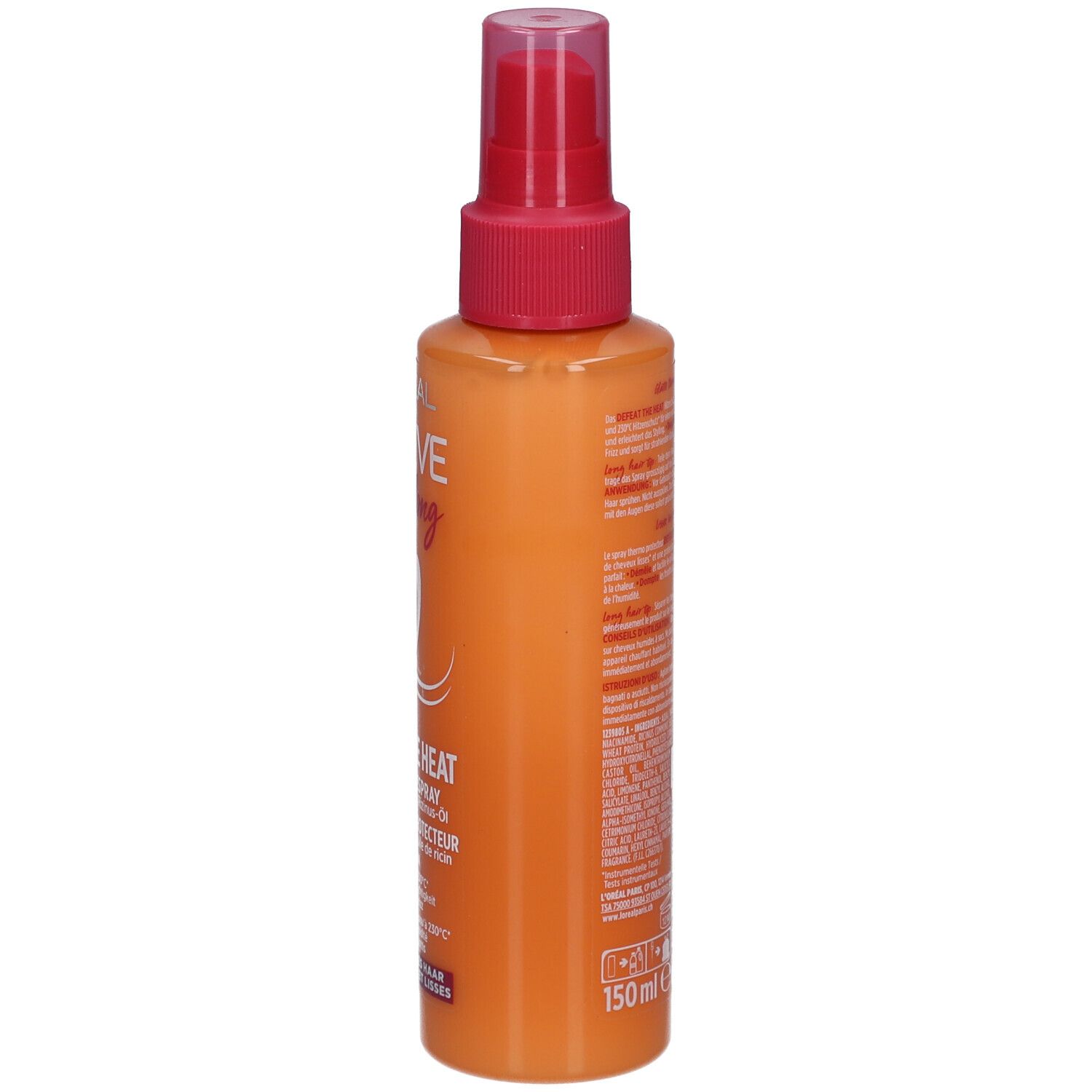 Orangefarbene Sprühflasche mit rosa Sprühkopf. Rückseite mit Text. Produktname: L'Oréal Paris Elseve Dream long.