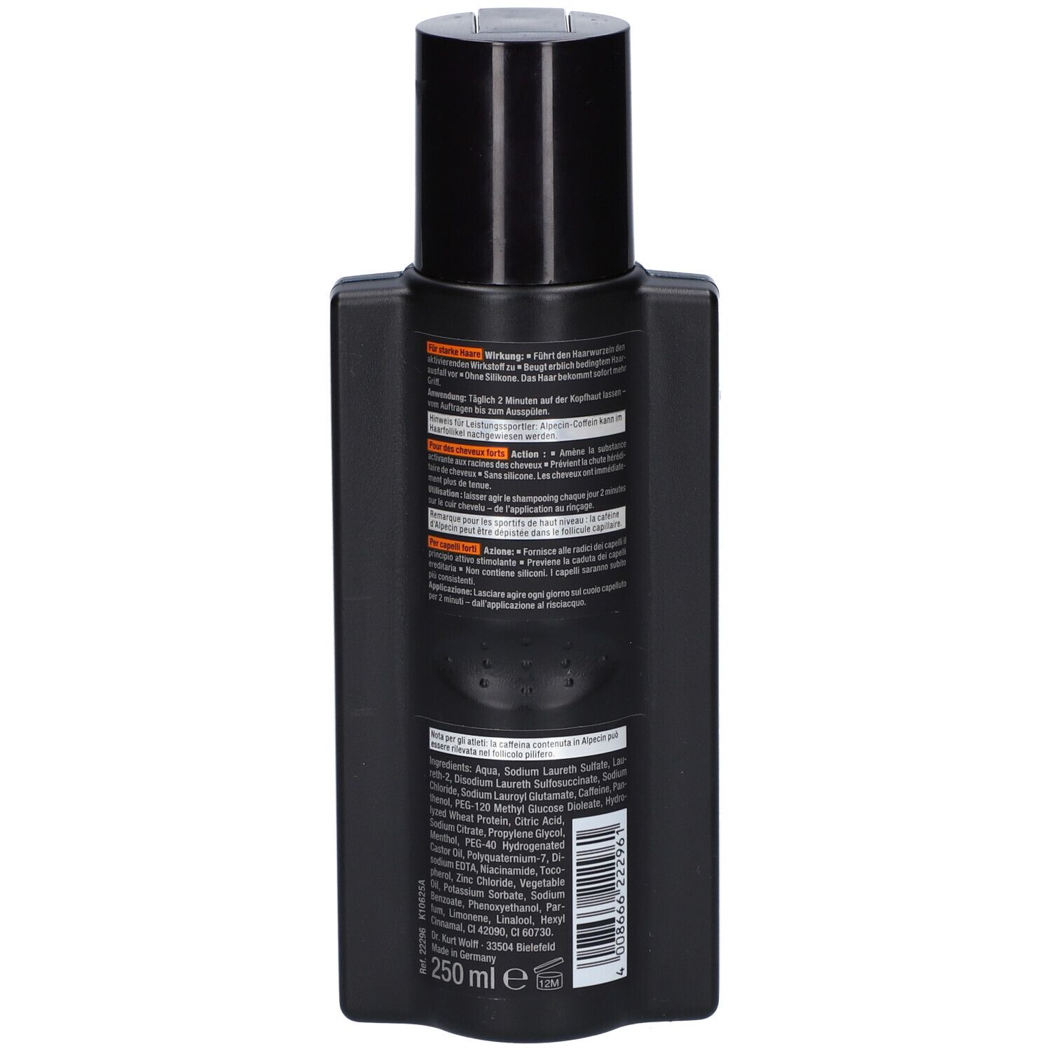 Rückseite der schwarzen Alpecin Shampoo-Flasche. Textinformationen und Inhaltsstoffe auf dem Etikett.