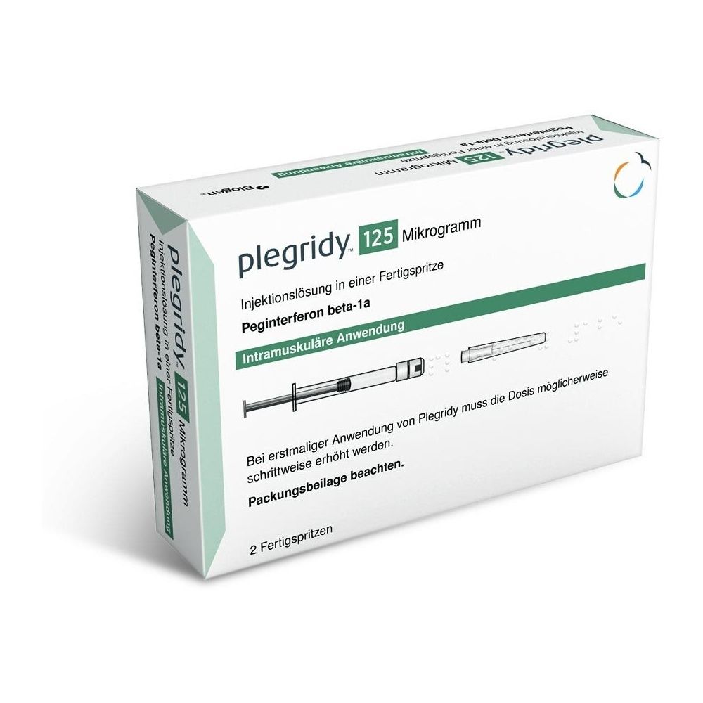 Weiße Schachtel mit "plegridy 125 Mikrogramm" und zwei Fertigspritzen. Text: Injektionslösung, Peginterferon beta-1a.