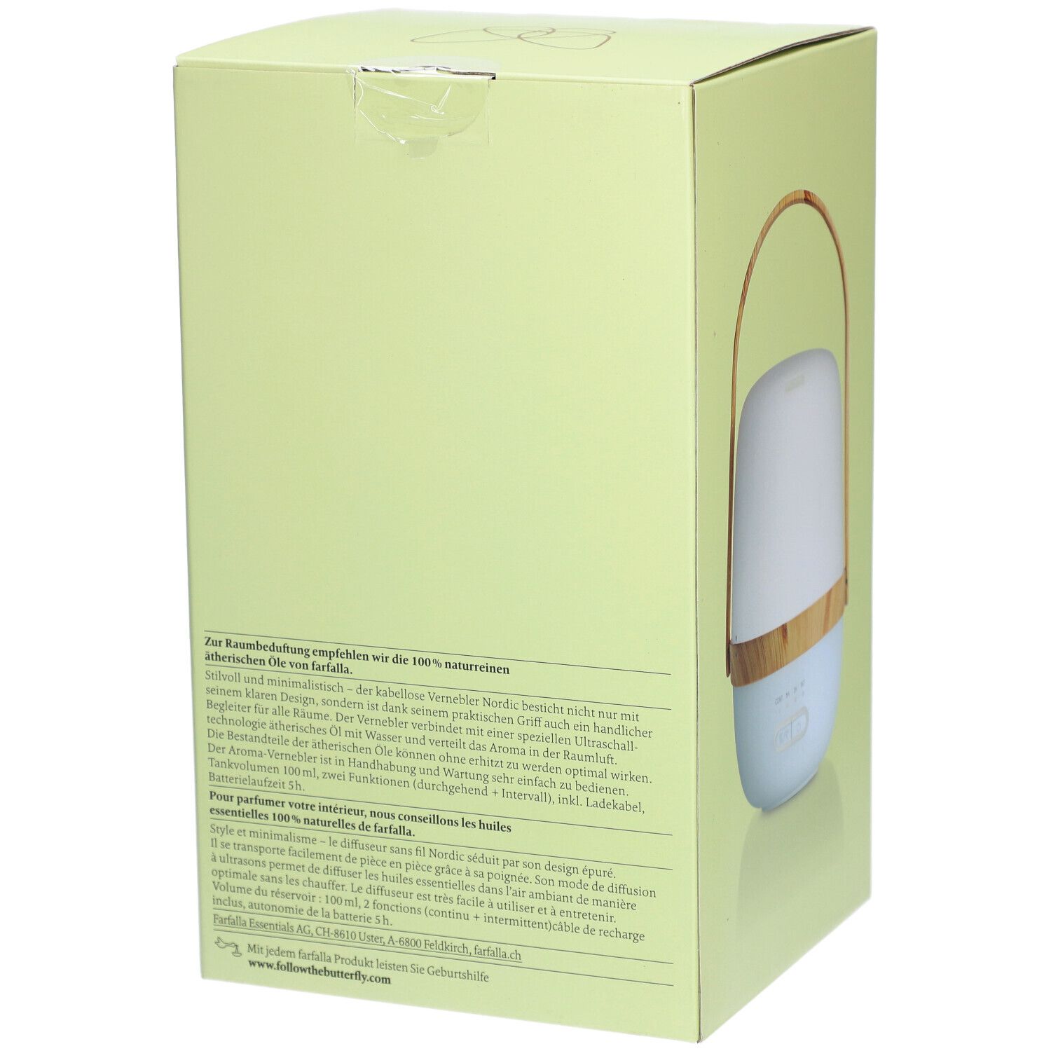 Rückseite der hellgrünen Verpackung. Text in Deutsch und Französisch. Abbildung des Aroma-Verneblers. Aufschrift: farfalla.