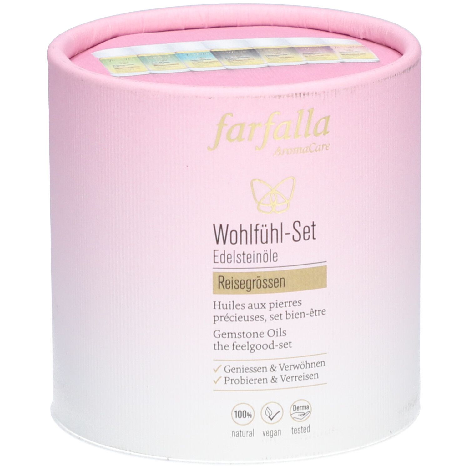 Cilindrische verpakking, roze-wit. Opschrift: farfalla, Wohlfühl-Set Edelsteinöle, Reisegrößen. Bevat kleine flesjes.