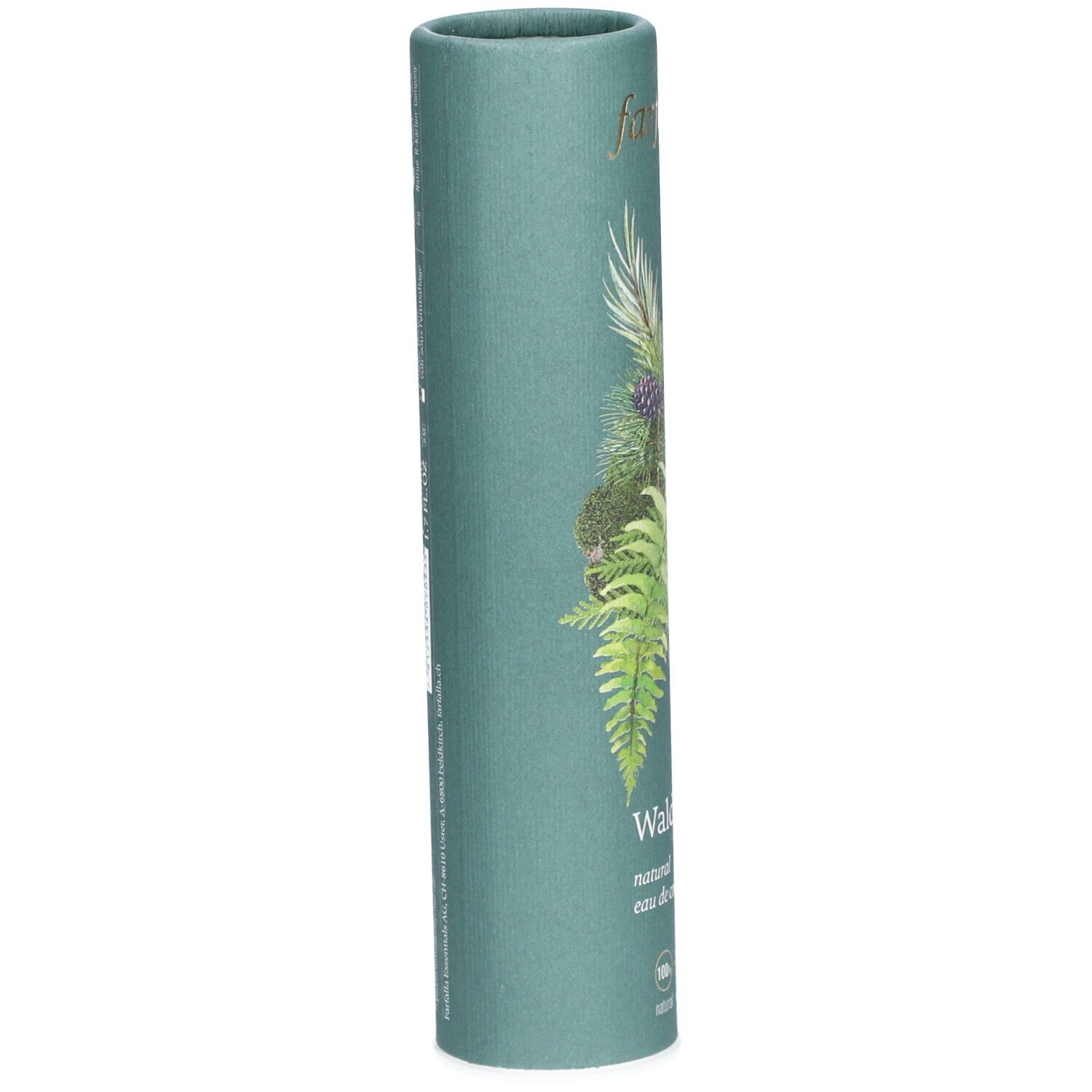 Emballage cylindrique vert. En haut: farfalla AromaCare. En bas: Waldzauber, natural eau de cologne. Illustrations de plantes.