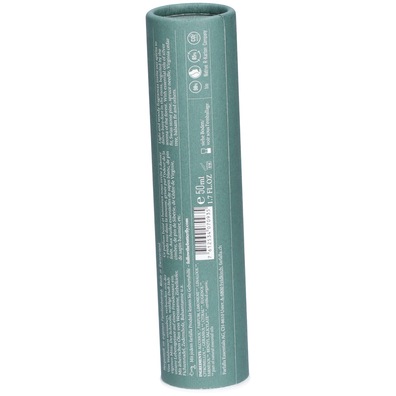Emballage cylindrique vert. Texte: ingrédients, e 50ml, 1.7 FL.OZ. Logos: vegan, natural, tested. Code-barres.