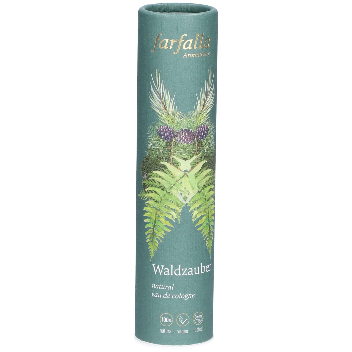 Emballage cylindrique vert. En haut: farfalla AromaCare. En bas: Waldzauber, natural eau de cologne. Illustrations de plantes.