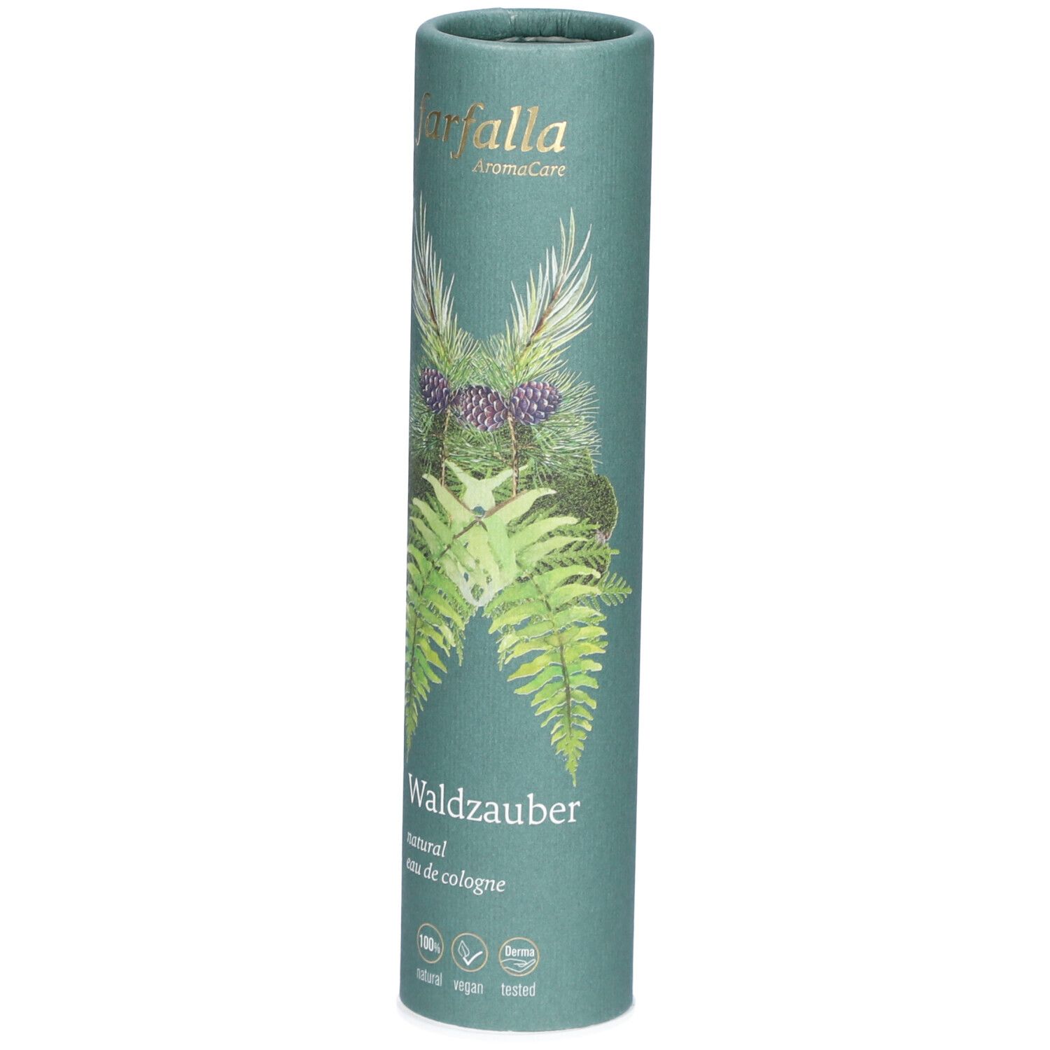 Emballage cylindrique vert. En haut: farfalla AromaCare. En bas: Waldzauber, natural eau de cologne. Illustrations de plantes.