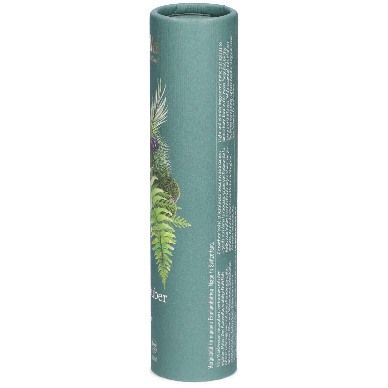 Emballage cylindrique vert. En haut: farfalla AromaCare. En bas: Waldzauber, natural eau de cologne. Illustrations de plantes.