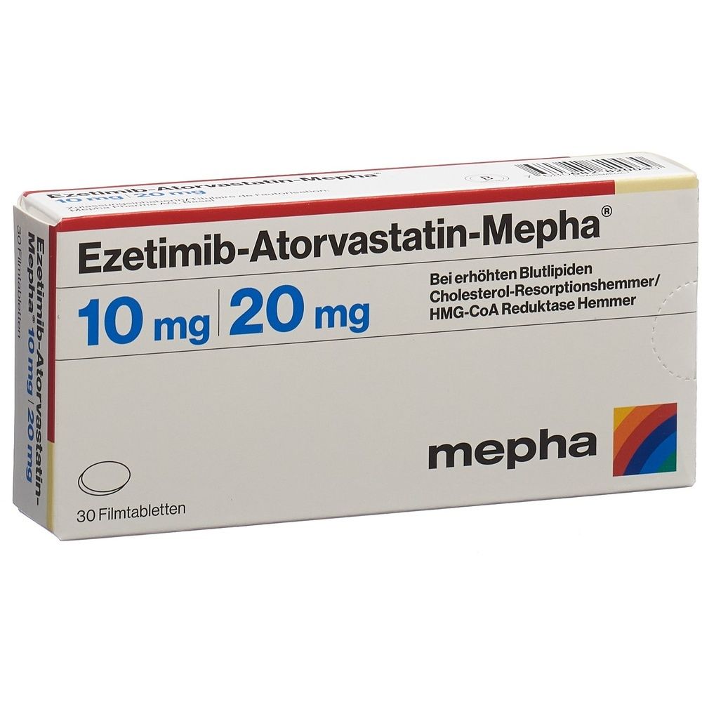 Boîte de comprimés pelliculés EZETIMIB Atorvast Mepha 10mg/20mg. Inscriptions : 10 mg, 20 mg, 30 comprimés. Marque : mepha. Texte en allemand.