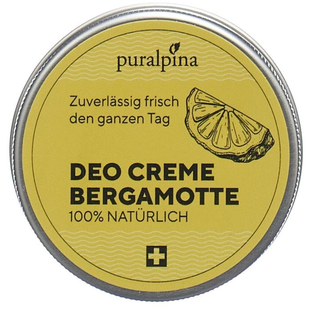 Runde Dose mit gelbem Etikett. Aufschrift: DEO CREME BERGAMOTTE, 100% NATÜRLICH. Illustration einer Bergamotte.