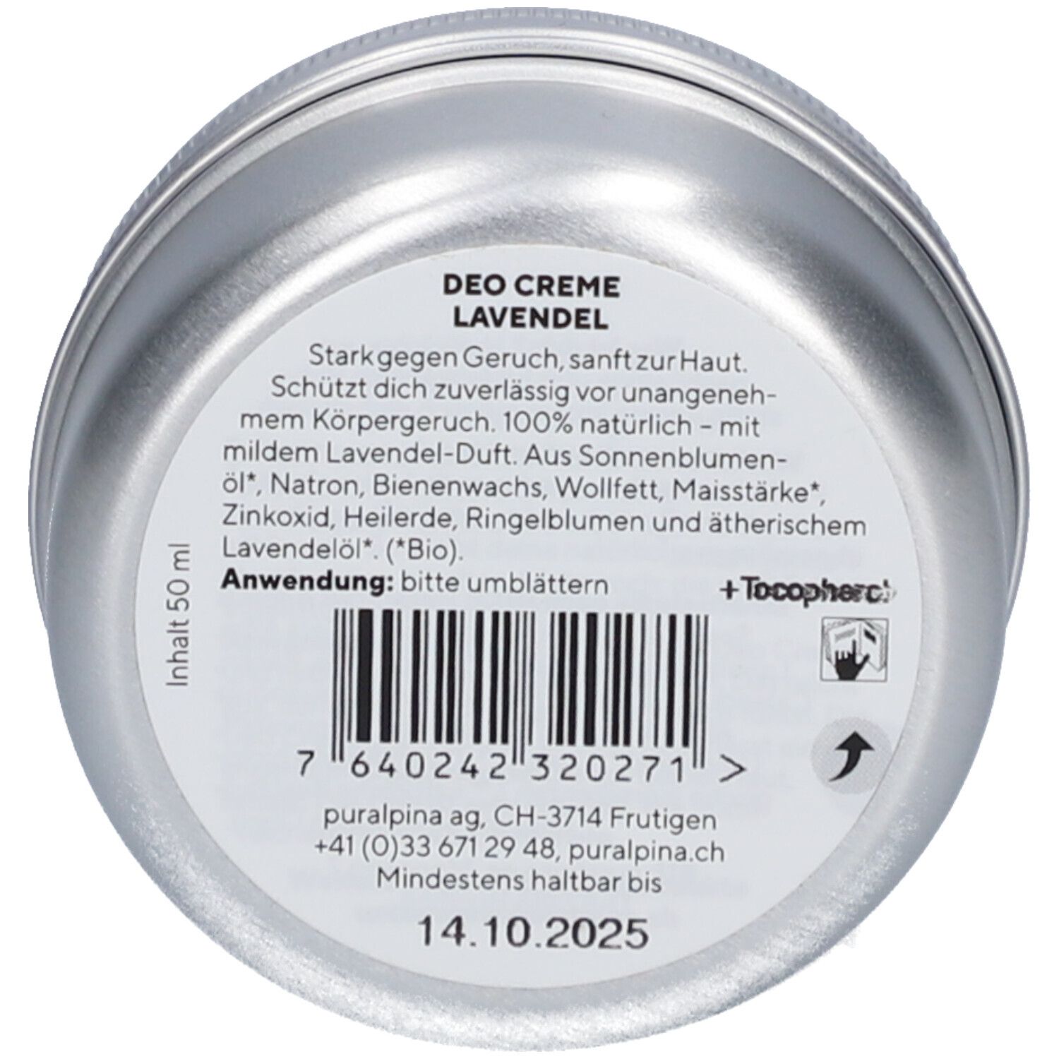 Silberne Dose mit Etikett. Text: Deo Creme Lavendel, Inhaltsstoffe, Anwendungshinweis, Barcode, Mindesthaltbarkeitsdatum 14.10.2025.