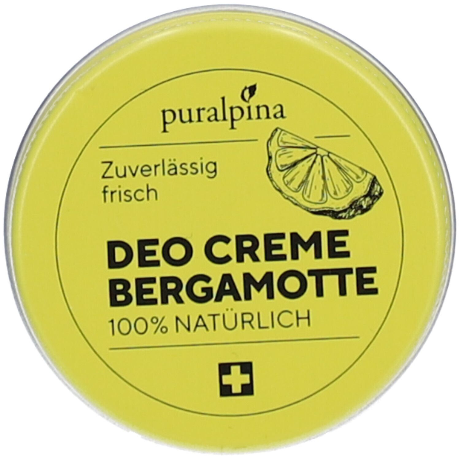 Runde, gelbe Dose mit "puralpina"-Logo, Text "DEO CREME BERGAMOTTE" und Schweizer Kreuz. 100% natürlich.