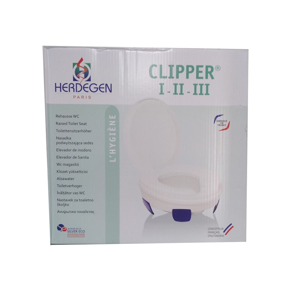 Emballage de rehausseur de toilettes. Nom du produit et logo HERDEGEN PARIS. Nom du produit: CLIPPER I-II-III. Drapeau français et texte: L'HYGIÈNE.