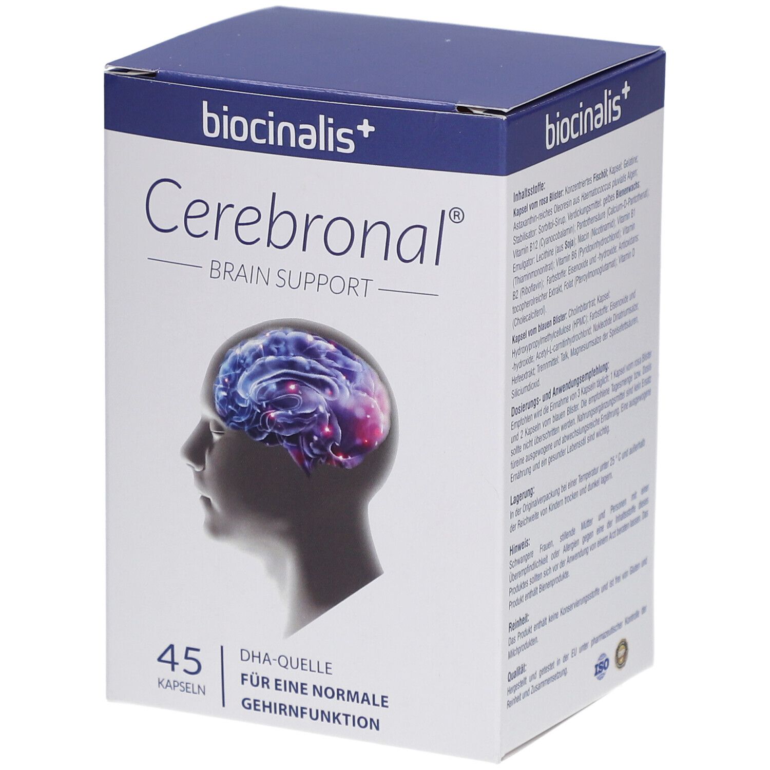 Boîte "biocinalis+ Cerebronal Brain Support". 45 gélules. Illustration d'un cerveau. Emballage bleu et blanc.