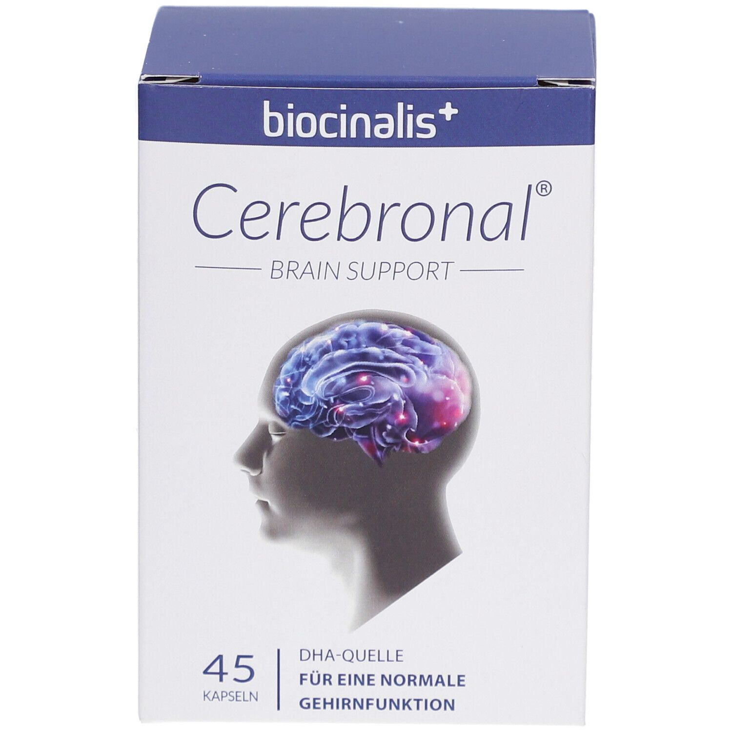 Vue de face de l'emballage. "biocinalis+ Cerebronal Brain Support". 45 gélules. Illustration d'un cerveau.