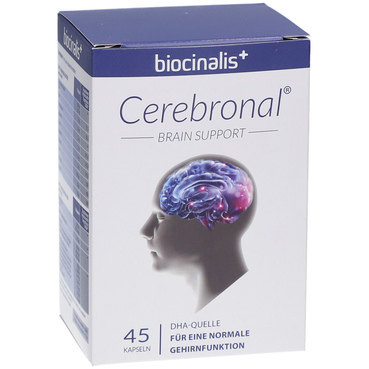 Vue de face de l'emballage. "biocinalis+ Cerebronal Brain Support". 45 gélules. Illustration d'un cerveau.