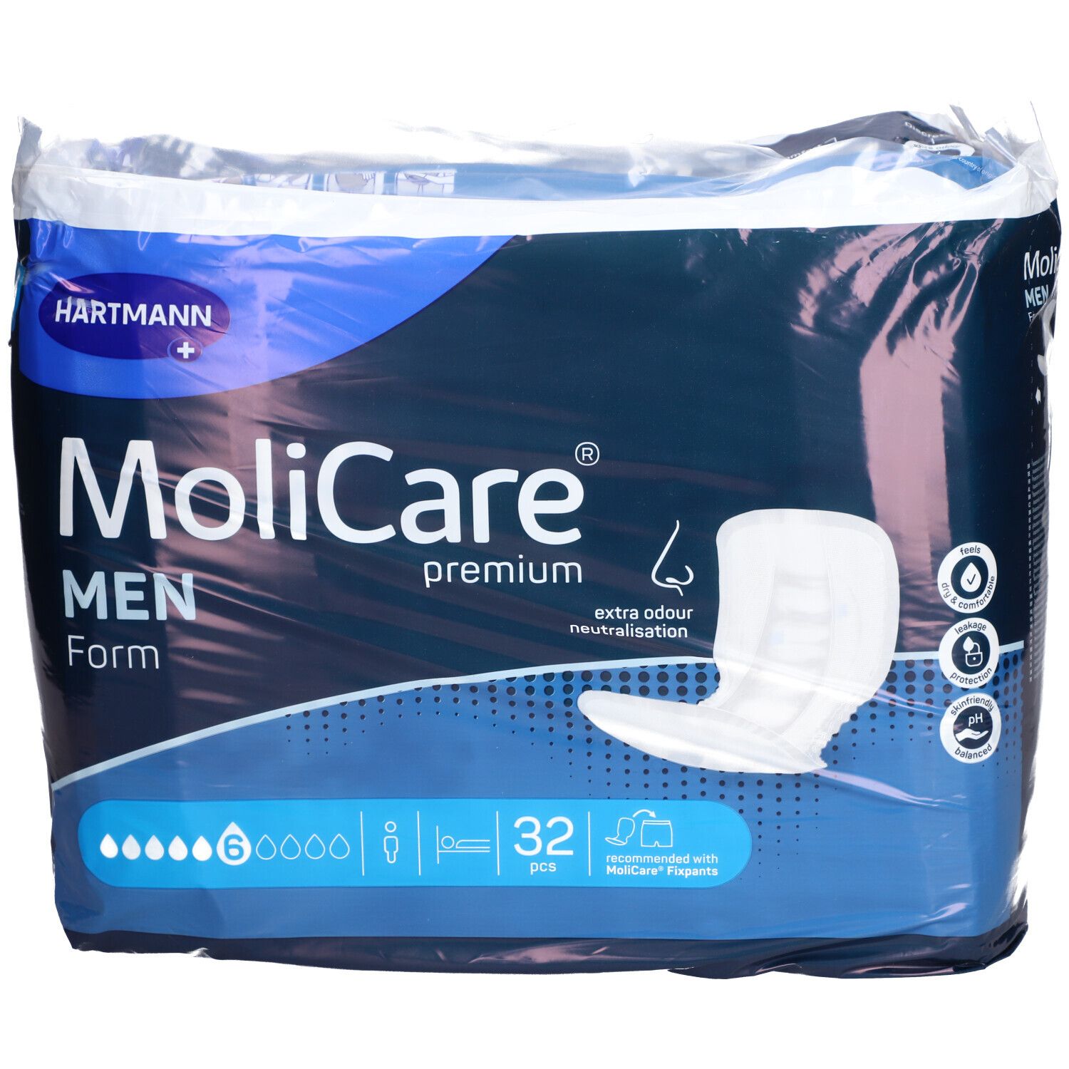 MoliCare Men Form, 6, 32 pièces. Paquet de protections contre l'incontinence. Neutralisation des odeurs. Logo Hartmann.