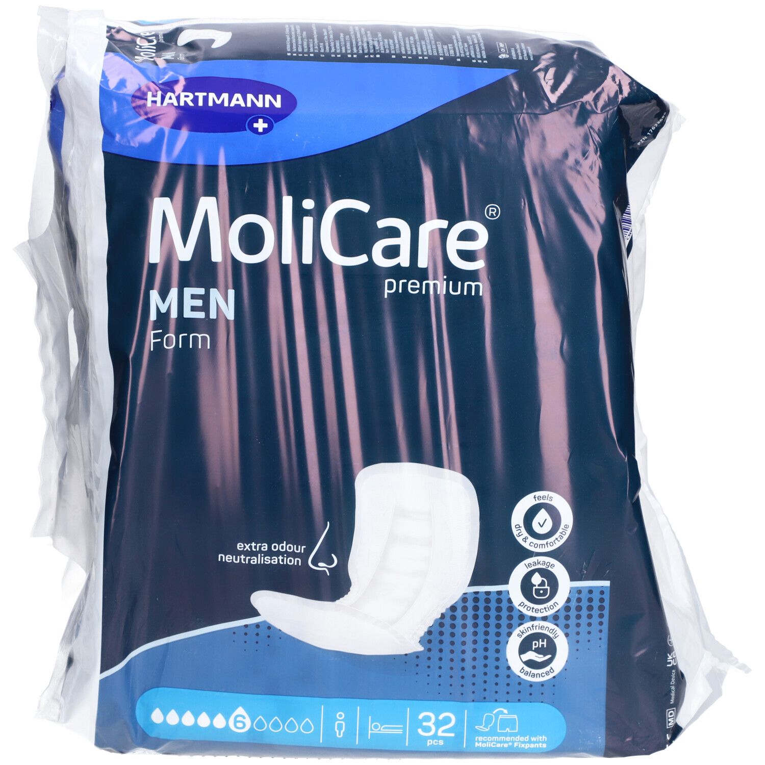 MoliCare Men Form, 6, 32 pièces. Paquet de protections contre l'incontinence. Neutralisation des odeurs. Logo Hartmann.