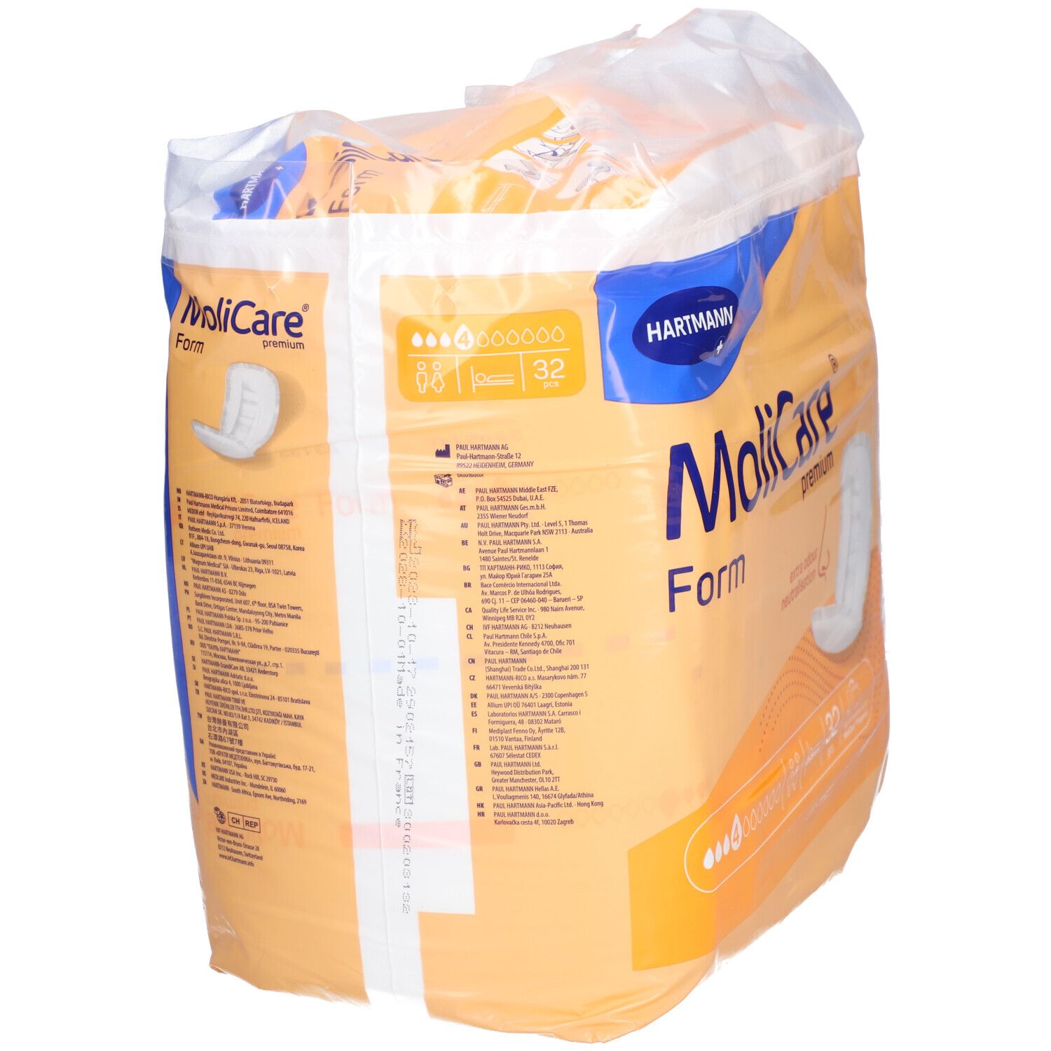 Paquet de MoliCare Premium Form 4, 32 pièces. Orange et blanc. Logo Hartmann. Informations produit au dos.