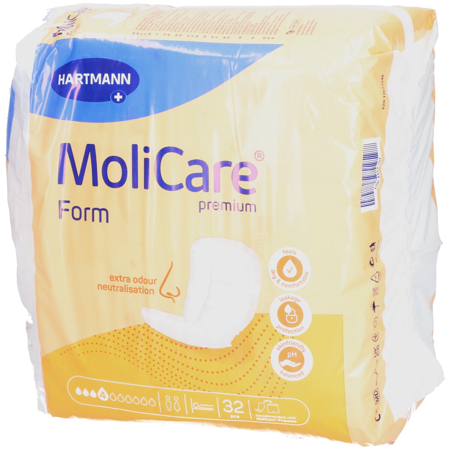 Paquet de MoliCare Premium Form 4, 32 pièces. Orange et blanc. Logo Hartmann. Neutralisation des odeurs.
