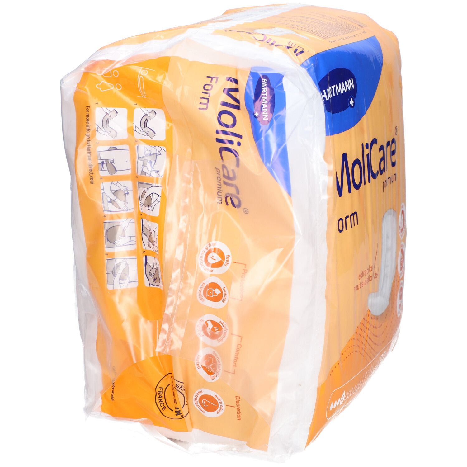 Paquet MoliCare Premium Form 4, 32 pièces. Orange et blanc. Logo Hartmann. Caractéristiques et logos.