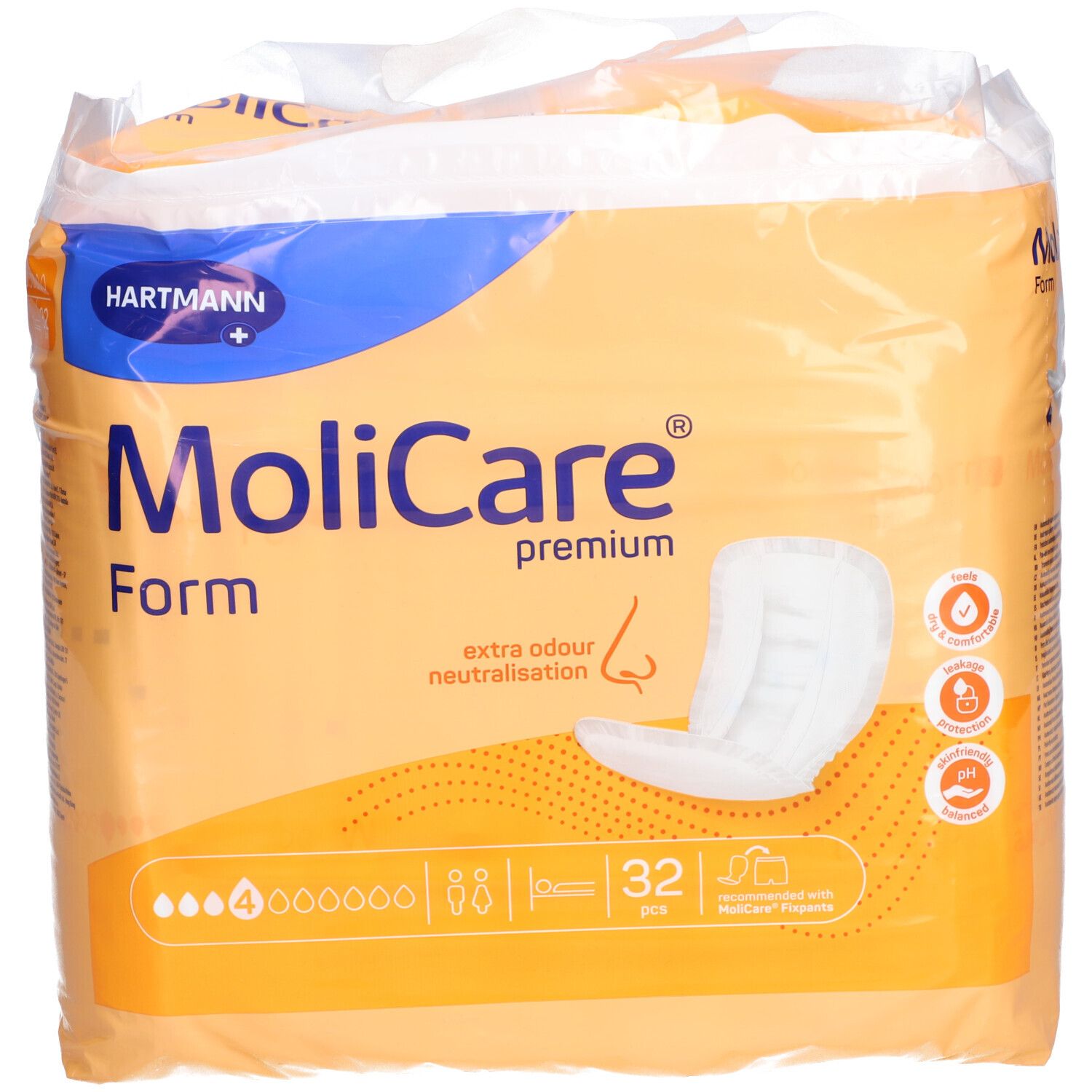 Paquet de MoliCare Premium Form 4, 32 pièces. Orange et blanc. Logo Hartmann. Neutralisation des odeurs.