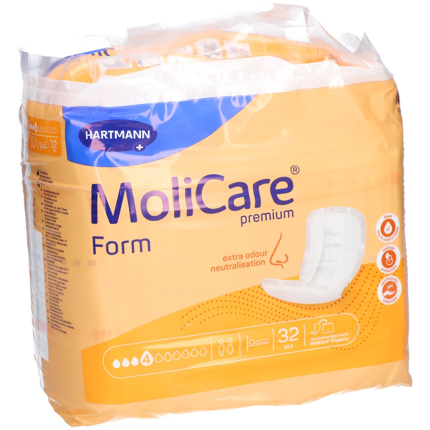 Paquet de MoliCare Premium Form 4, 32 pièces. Orange et blanc. Logo Hartmann. Neutralisation des odeurs.