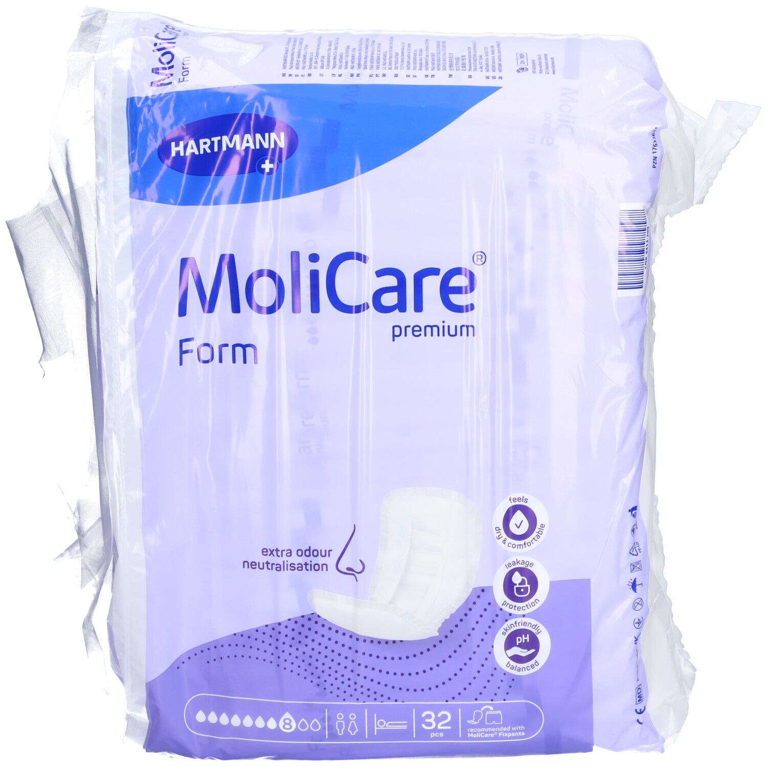 Verpackung von MoliCare Premium Form. Enthält 32 Stück. Mit Hartmann-Logo und Produktbezeichnung. Extra Geruchsneutralisation.