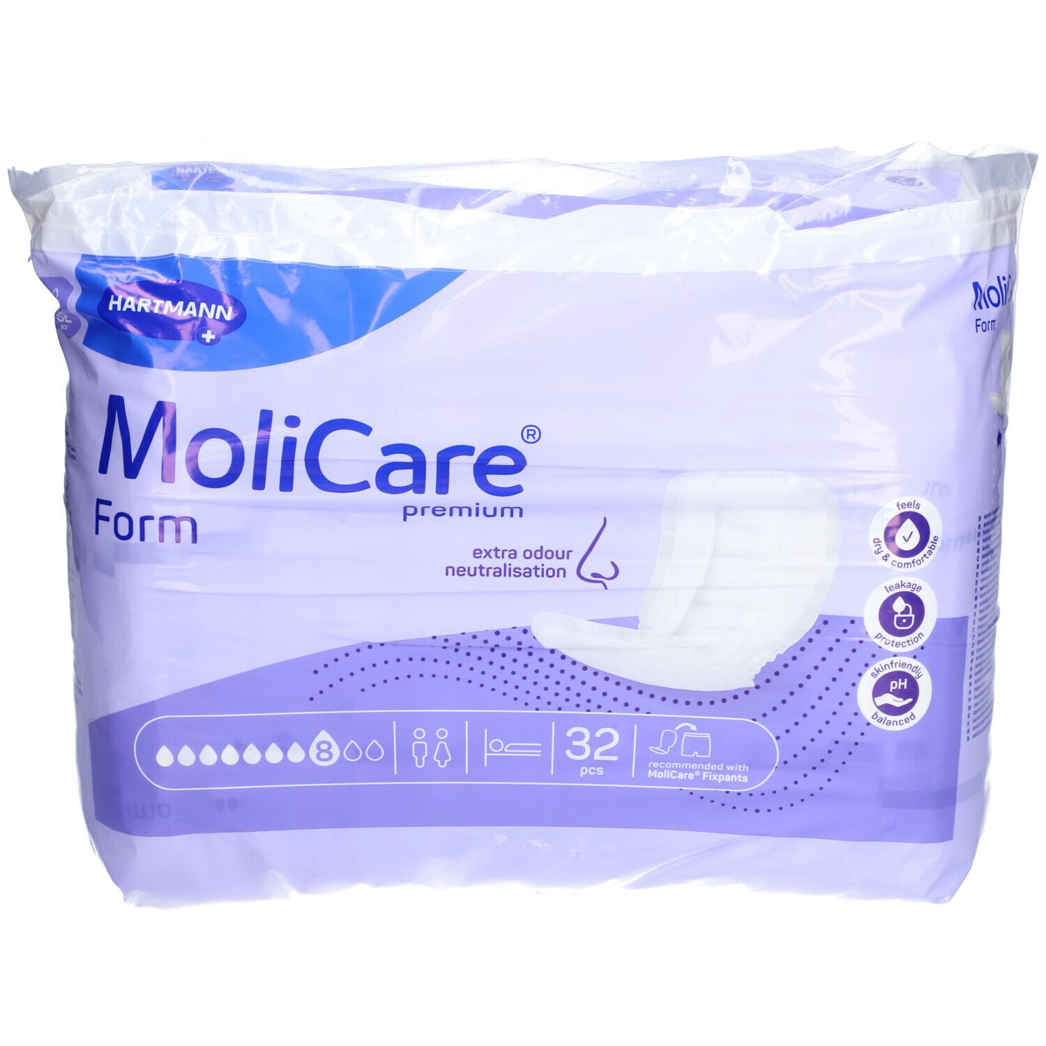 Verpackung von MoliCare Premium Form. Enthält 32 Stück. Mit Hartmann-Logo und Produktbezeichnung. Extra Geruchsneutralisation.