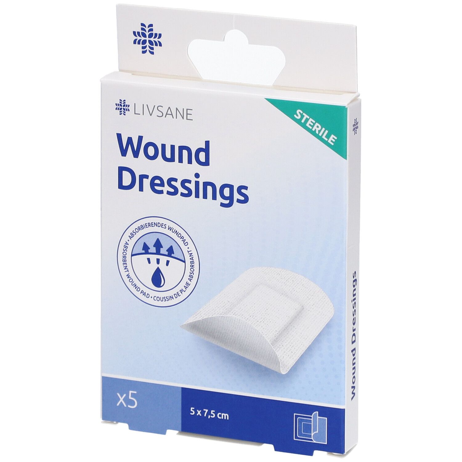 Verpackung mit LIVSANE Wundpflastern. Enthält 5 Stück, 5 x 7,5 cm. Steril.