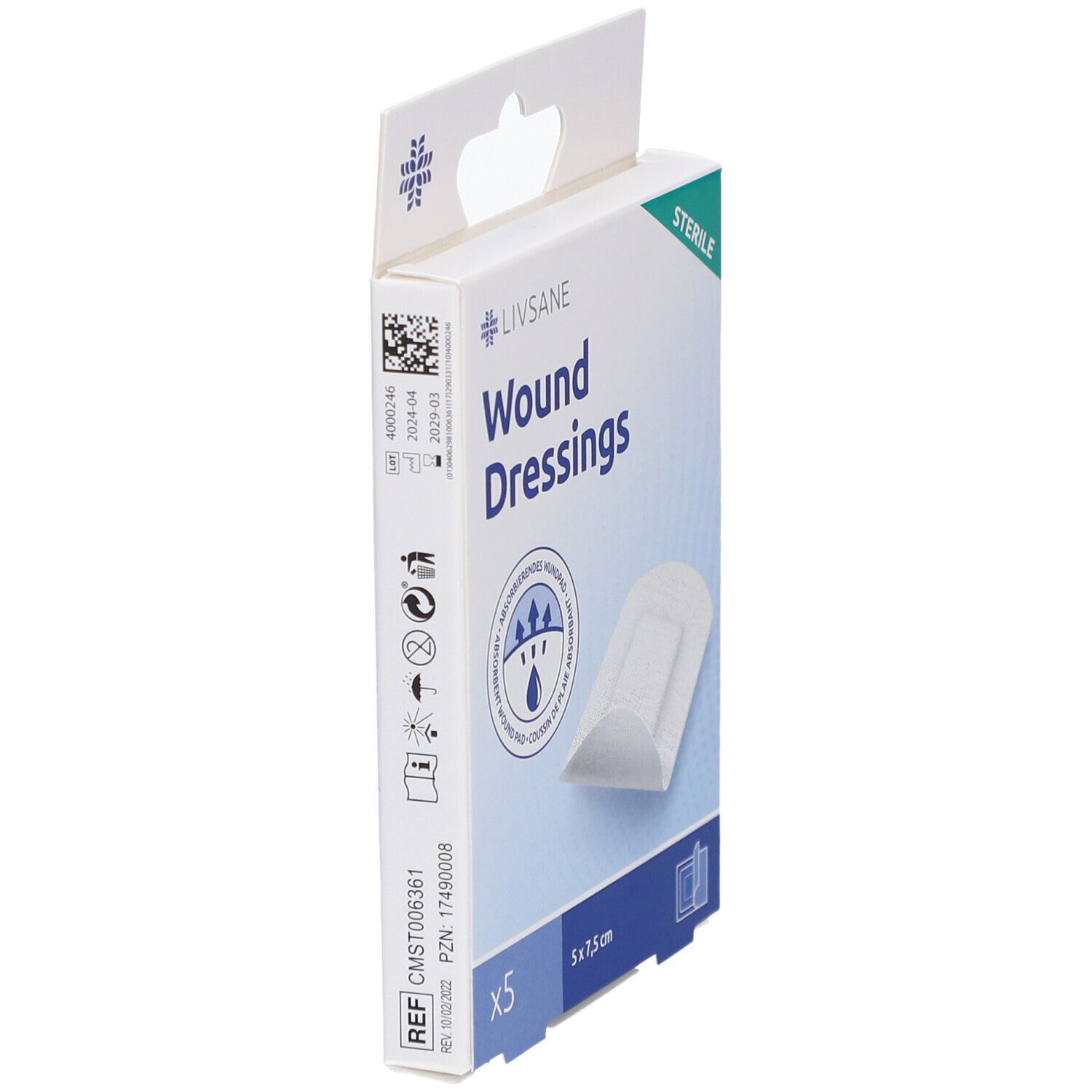 LIVSANE Wundpflaster-Verpackung. Enthält 5 Stück. Größe 5 x 7,5 cm. Steril.