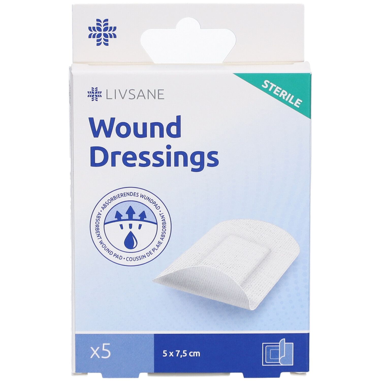 LIVSANE Wundpflaster-Verpackung. 5 Stück, 5 x 7,5 cm. Steril.
