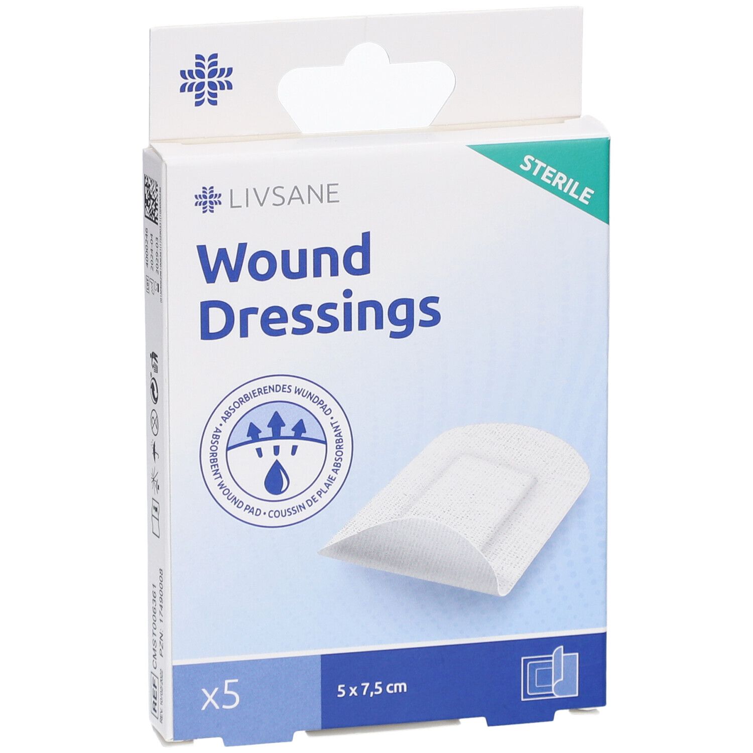 LIVSANE Wundpflaster-Verpackung. 5 Stück, 5 x 7,5 cm. Steril.